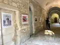Several framed works hang in a row down a stone wall. The first framed piece is a poster for the exhibition, which is titled "The Art of Sharing"