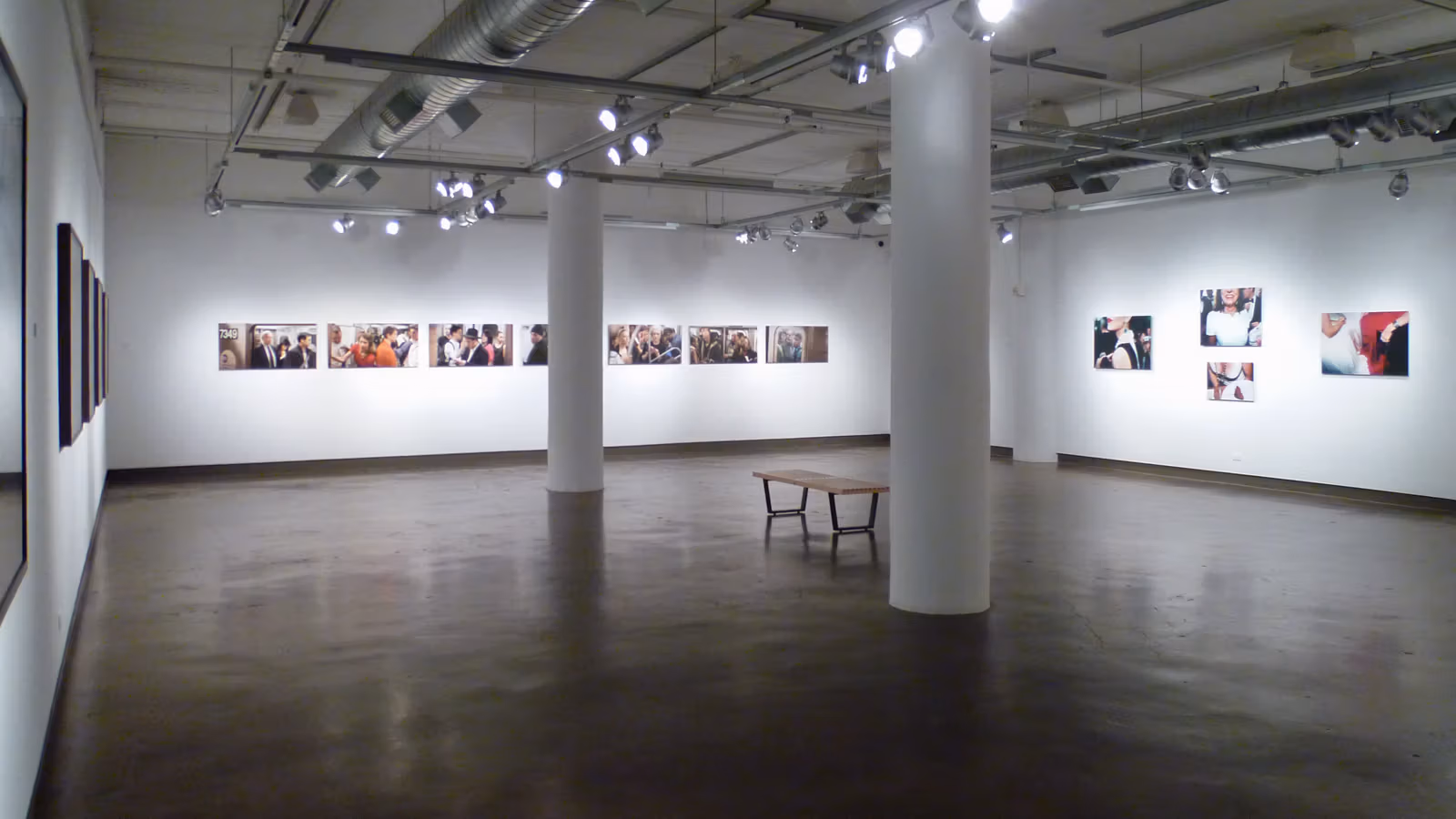 "Being American" gallery exhibition view of artwork in situ.