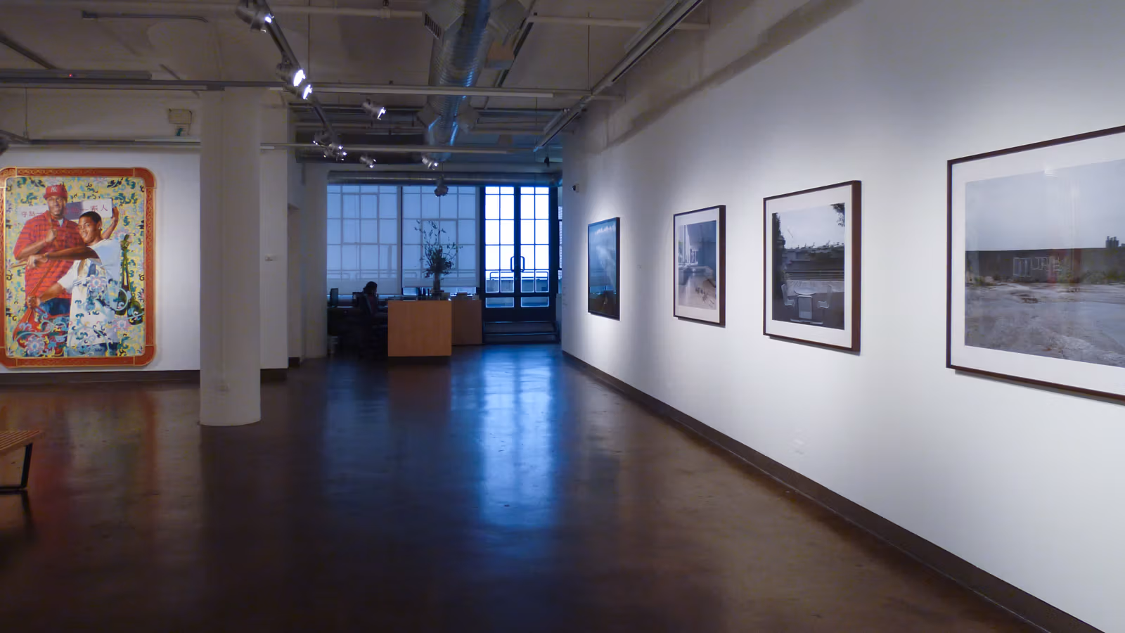 "Being American" gallery exhibition view of artwork in situ.