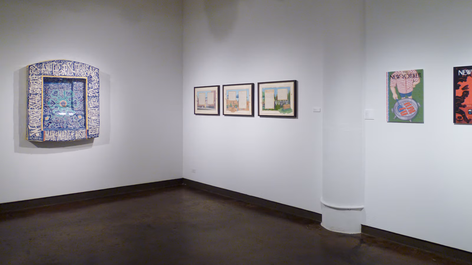 "Being American" gallery exhibition view of artwork in situ.