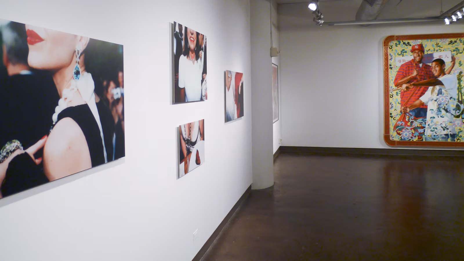 "Being American" gallery exhibition view of artwork in situ.