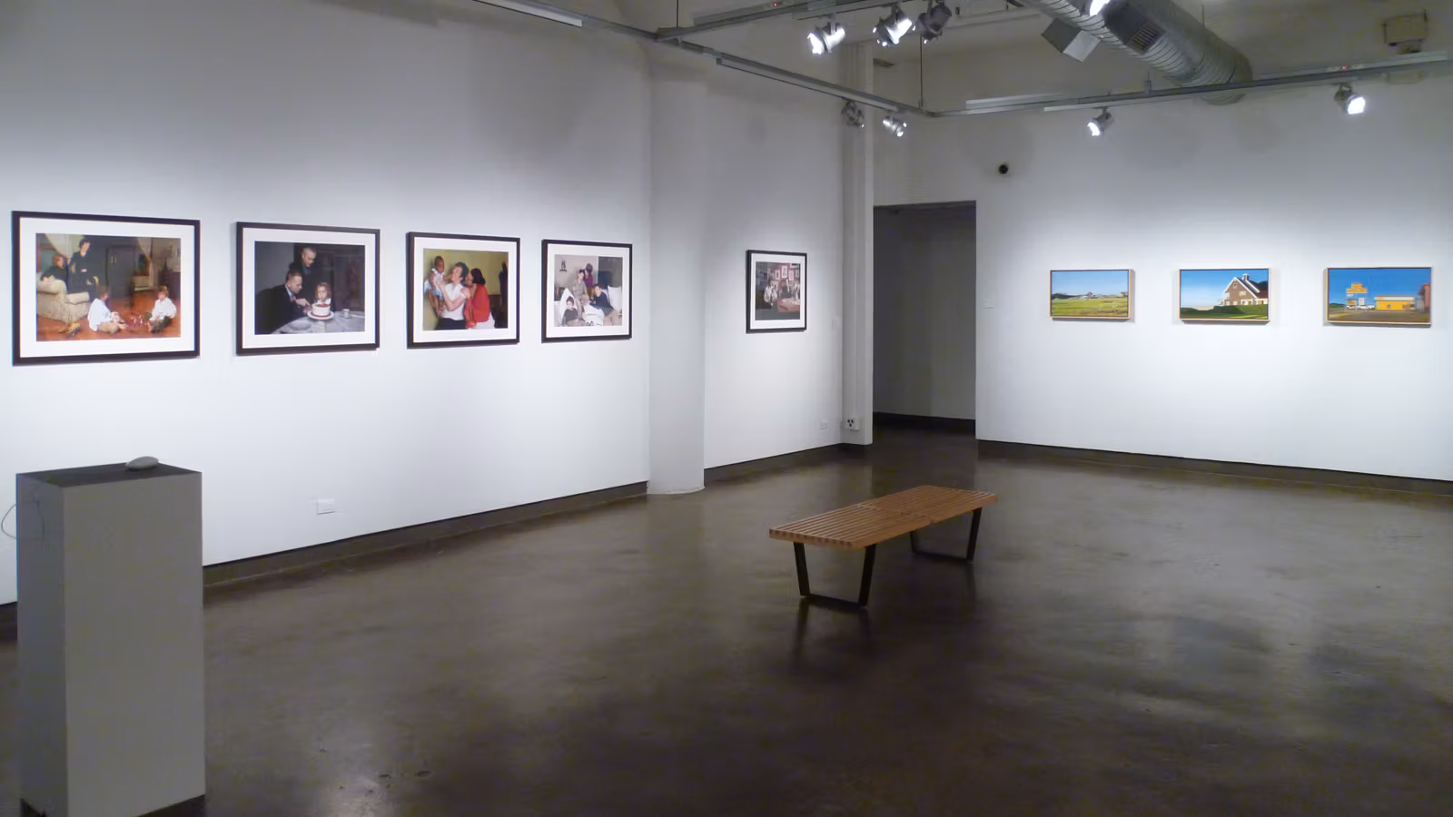 "Being American" gallery exhibition view of artwork in situ.