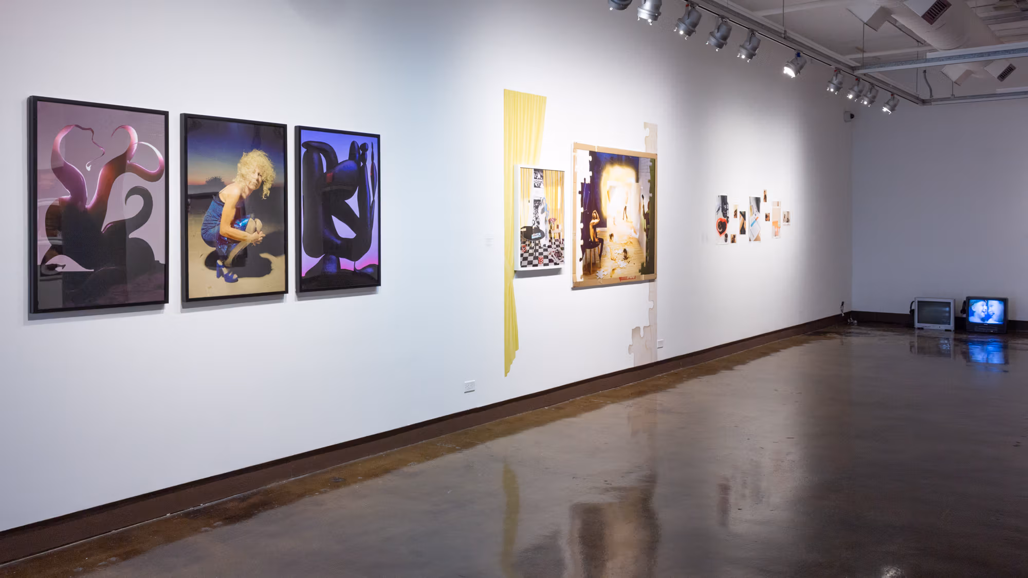 Installation shot of artwork hung on wall. On the left are three framed photographic prints, in the center is a group of prints and photographic vinyl, and further down are small photographs hung in a salon style. Two television screens are visible on the floor to the far right.