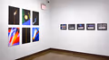 On the left are six abstract and strikingly colored images printed on panels. To their right are five night landscape images, each in its own black frame.