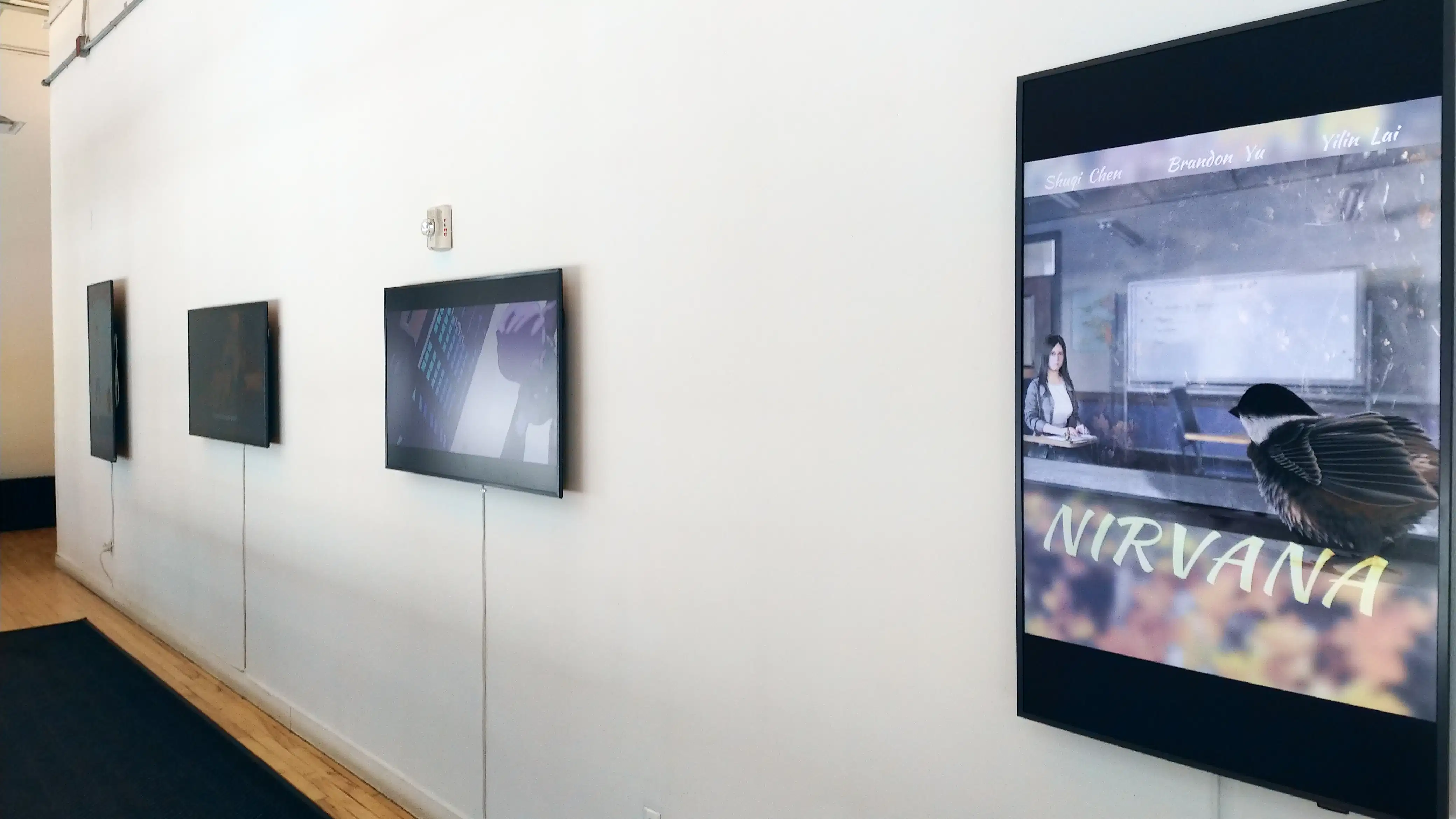 Four monitors on a white wall, the furthest to the right is vertical and shows an illustration of a bird sitting on a windowsill as a woman sits at a desk in the interior room. Overlaid on the image is the word "Nirvana" an italicized font.