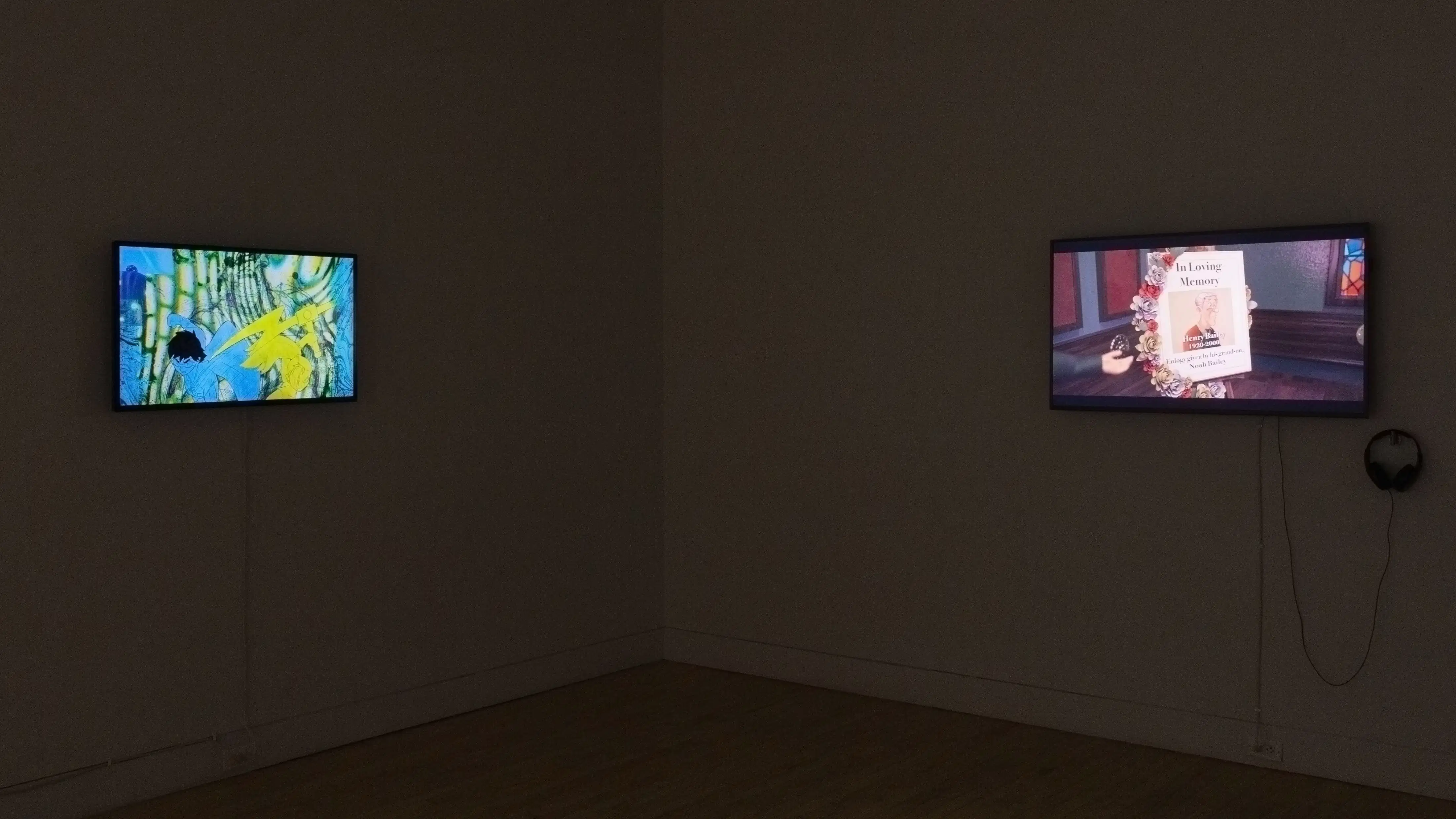 Multiple views of SVA Flatiron Gallery. There are three monitors playing various videos on the wall and an interactive projection. 