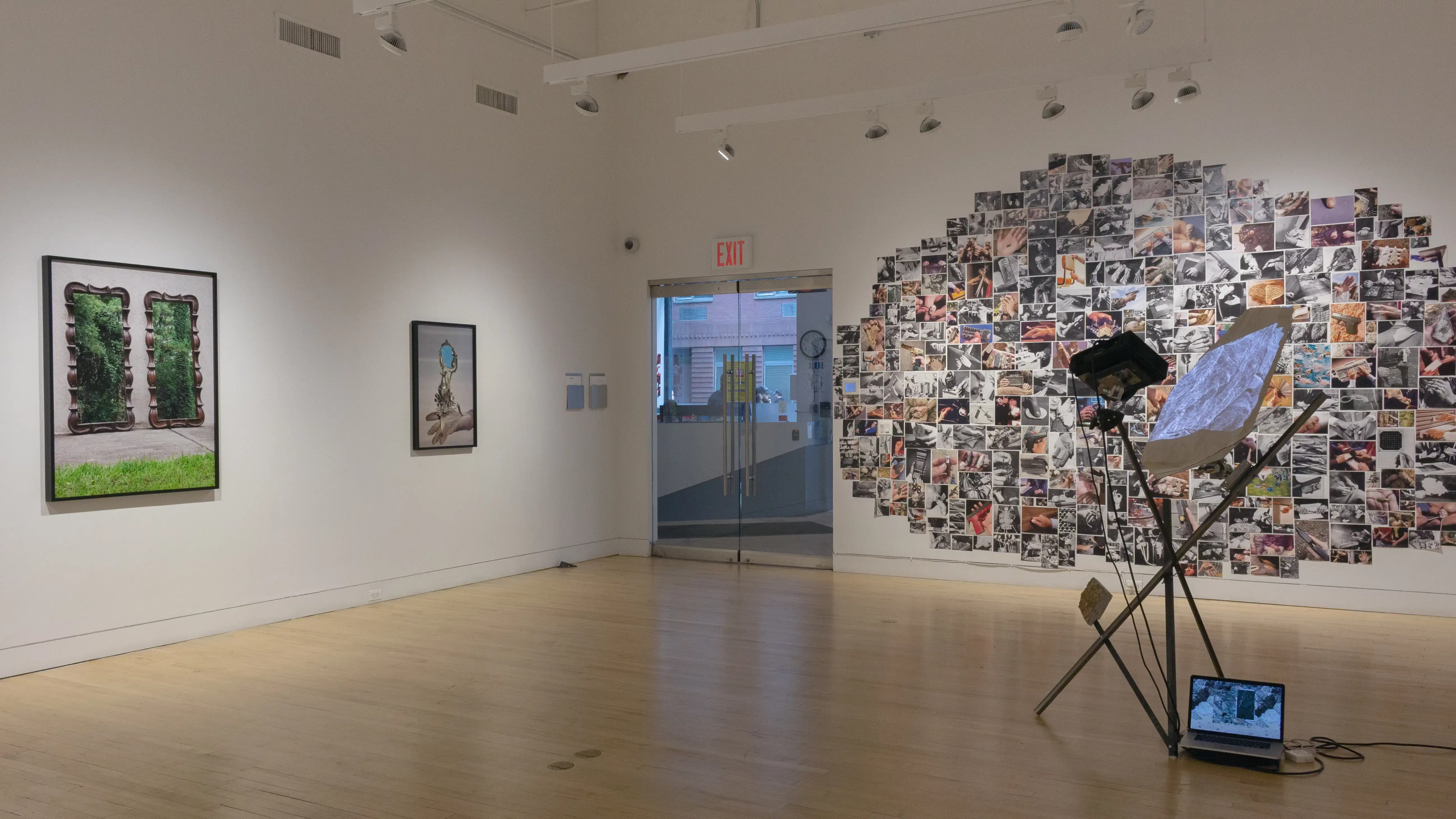 Multiple views of SVA Flatiron Gallery and Windows. There are photographs, collages, and installation work throughout the gallery and displayed in the windows. 