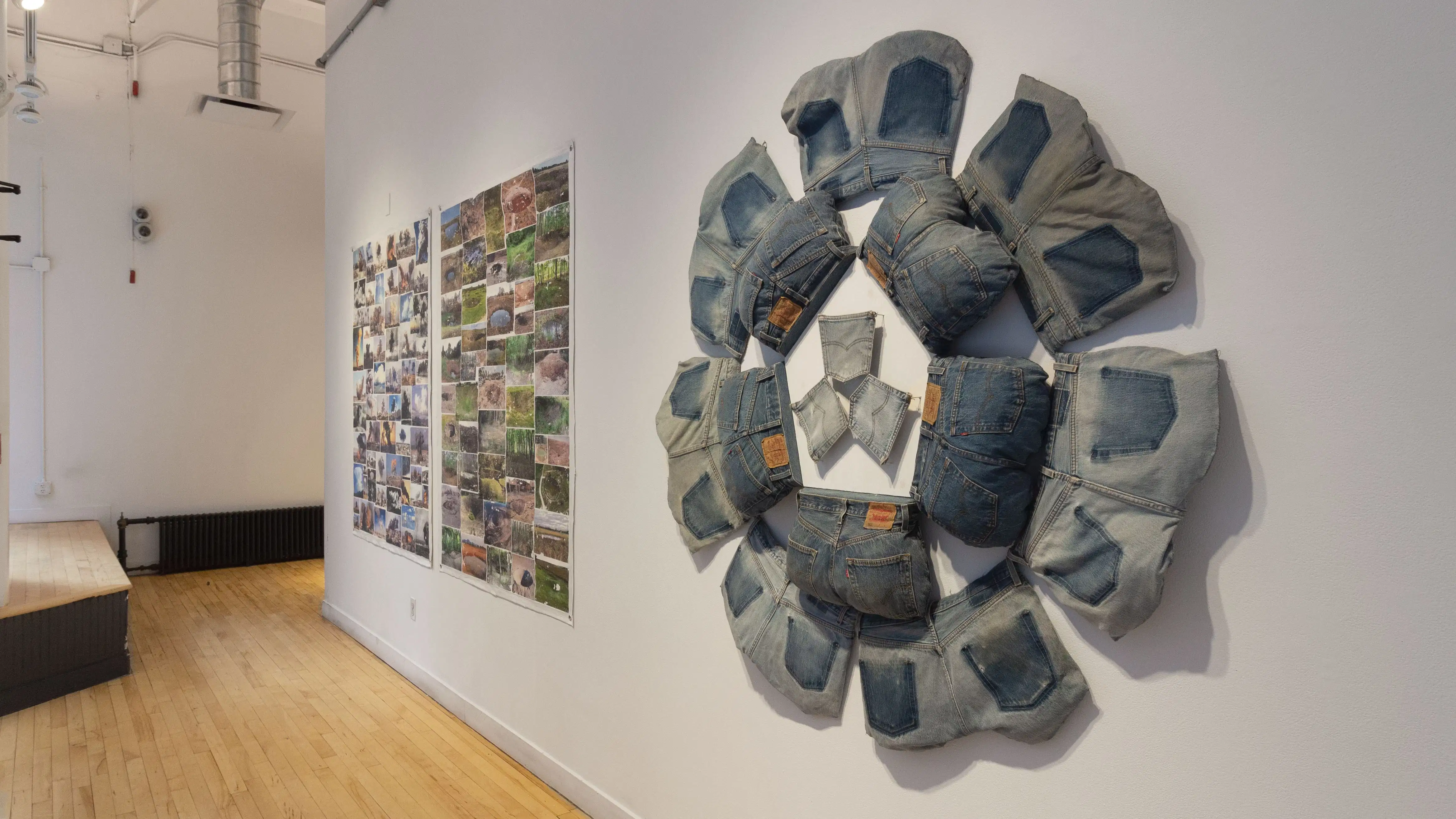 Multiple views of SVA Flatiron Gallery and Windows. There are photographs, collages, and installation work throughout the gallery and displayed in the windows. 