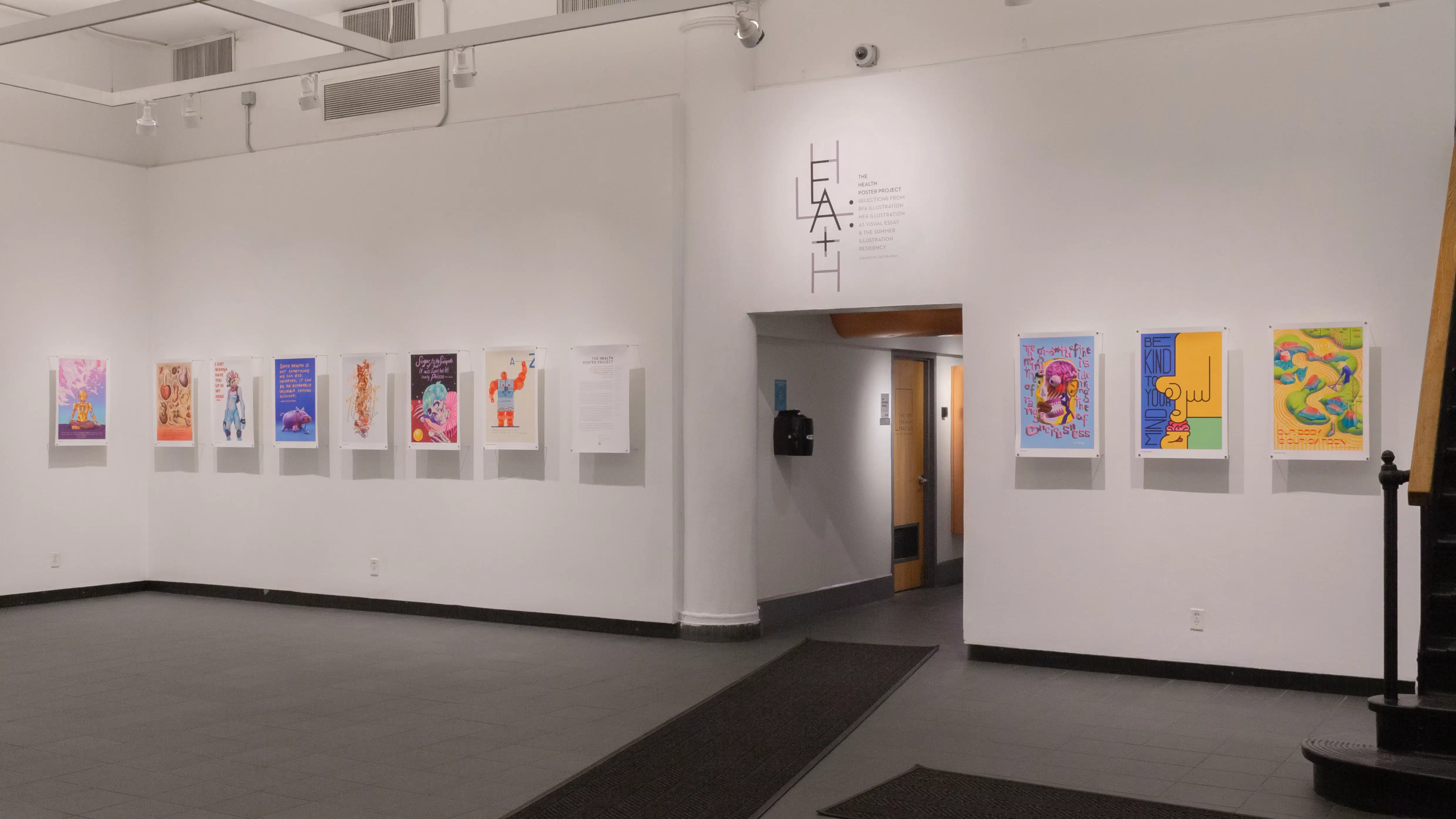 Multiple views of SVA Gramercy Gallery. Posters with illustrations are hung on the walls. 