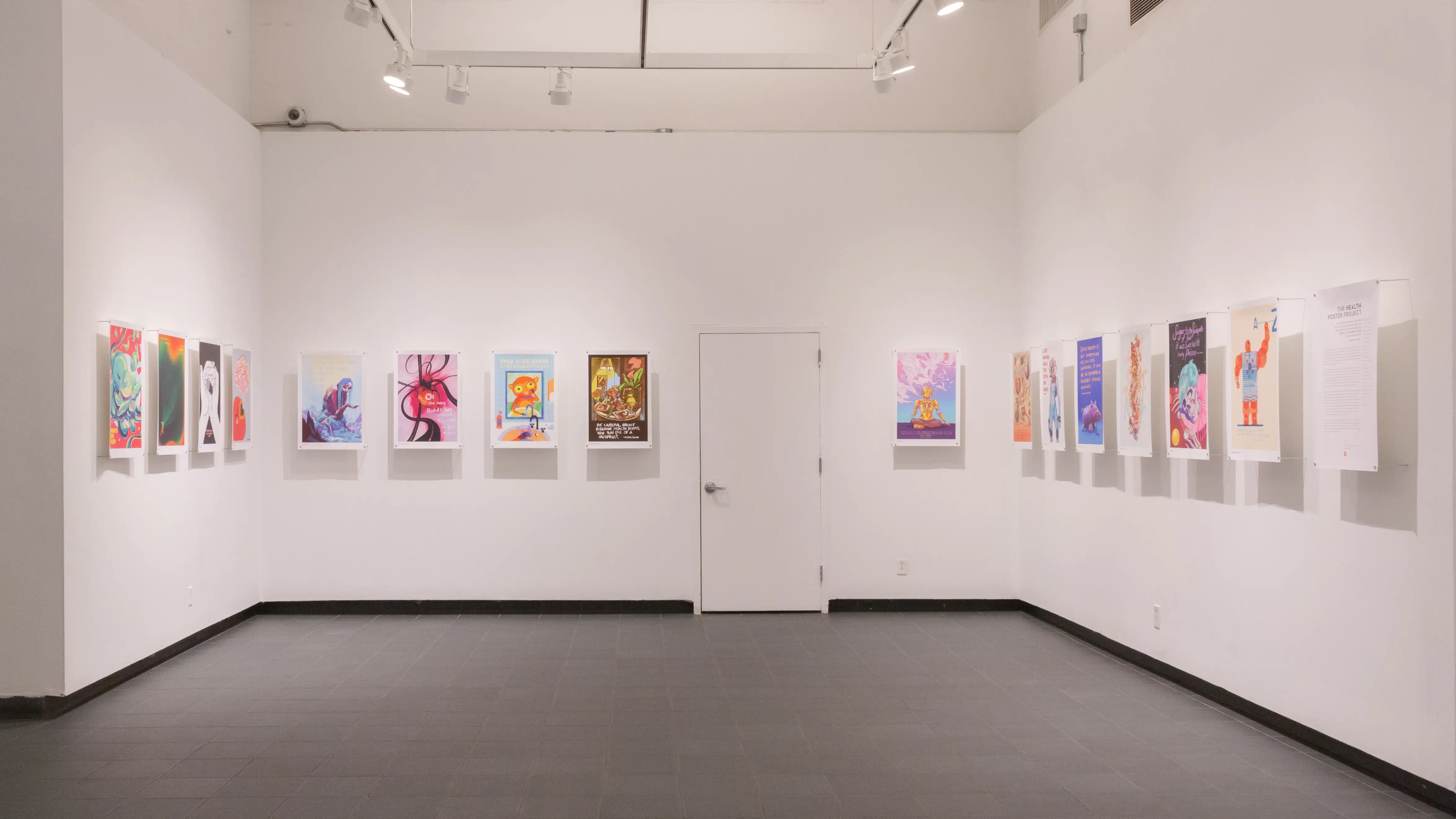 Multiple views of SVA Gramercy Gallery. Posters with illustrations are hung on the walls. 