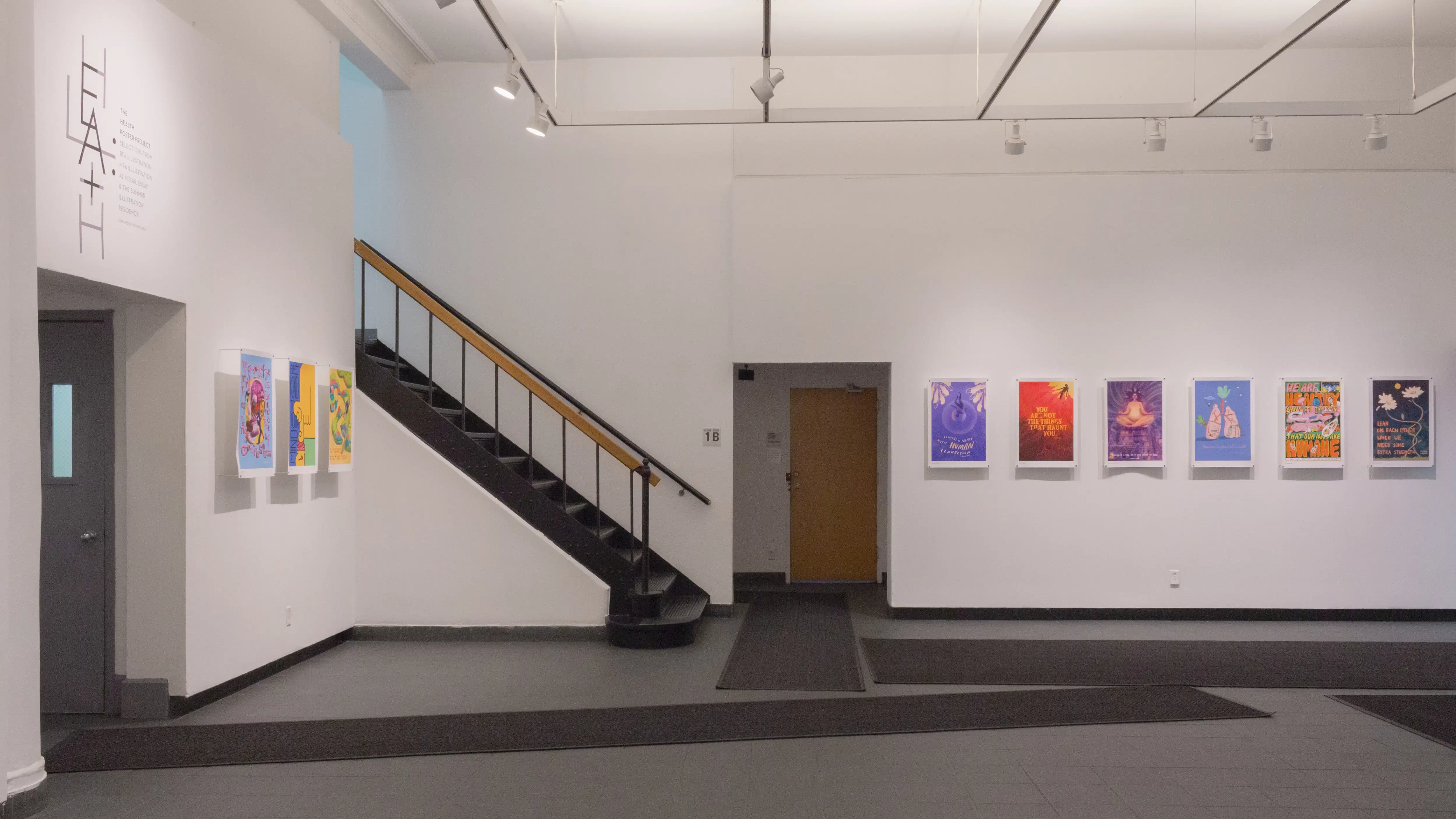 Multiple views of SVA Gramercy Gallery. Posters with illustrations are hung on the walls. 