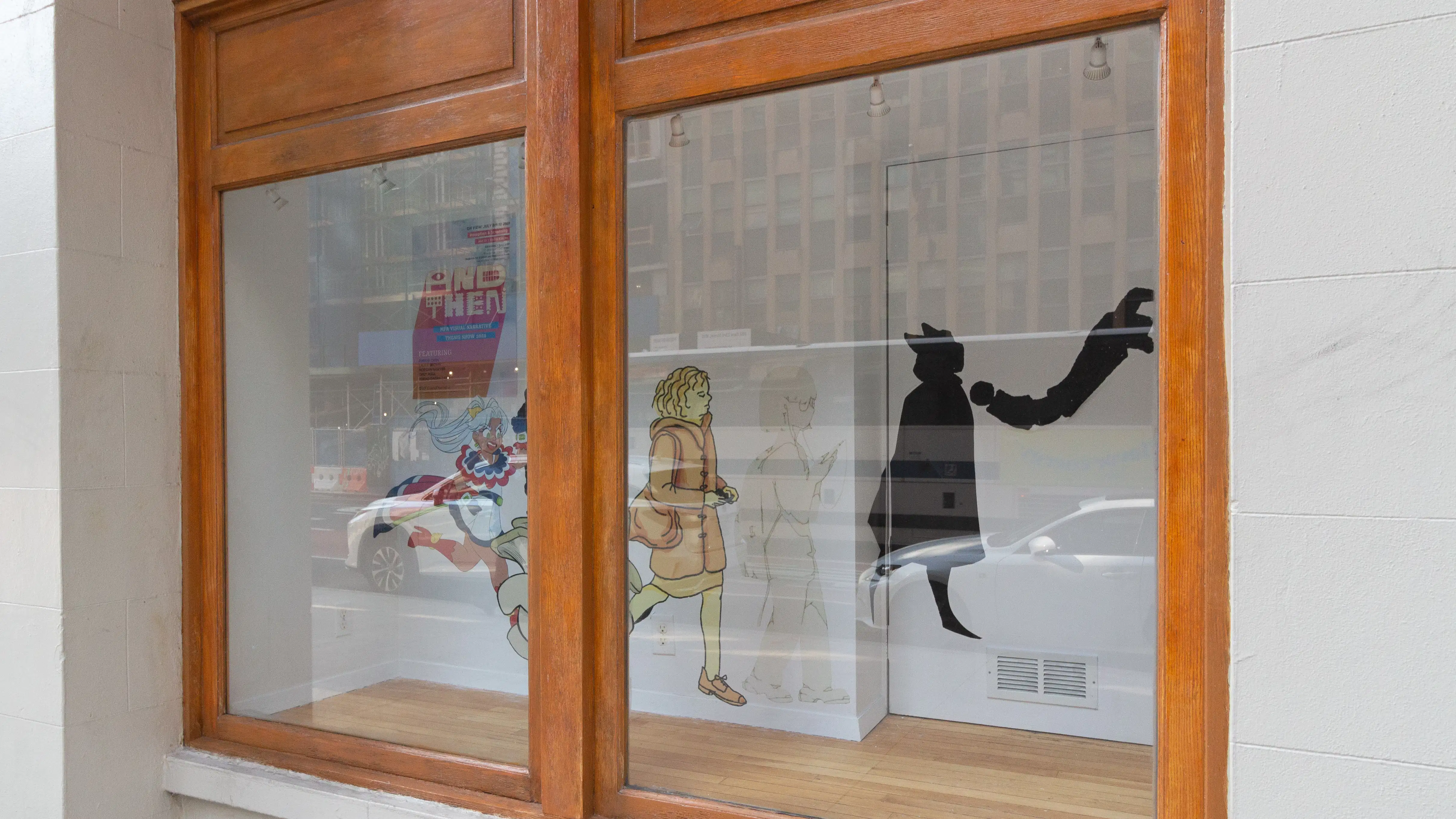 Multiple views of SVA Gramercy Gallery with individual exhibitions of students work. There is drawing and installation throughout the gallery. 