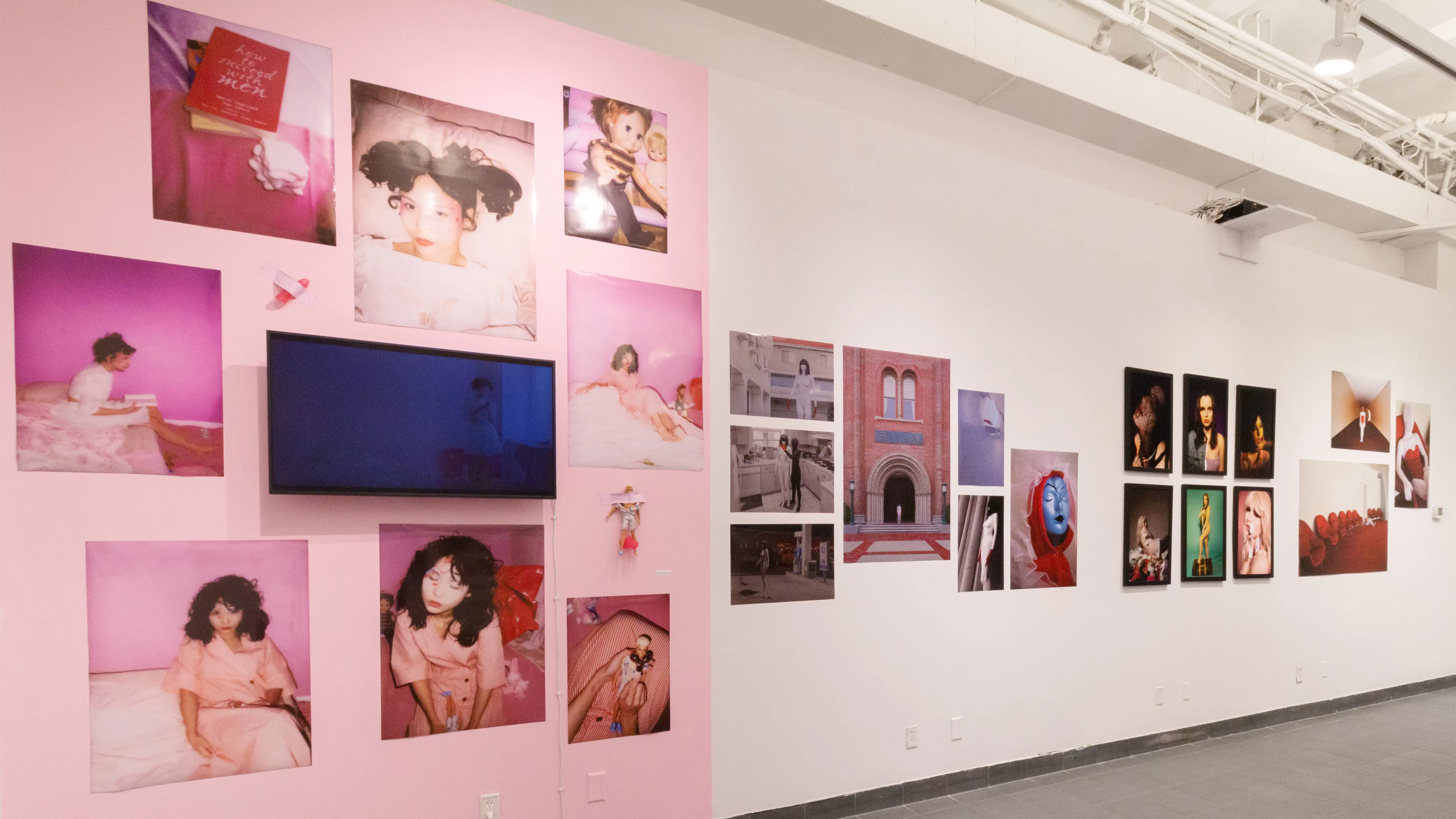 Multiple views of SVA Gramercy Gallery. Photography, video, and installation are throughout the gallery. 
