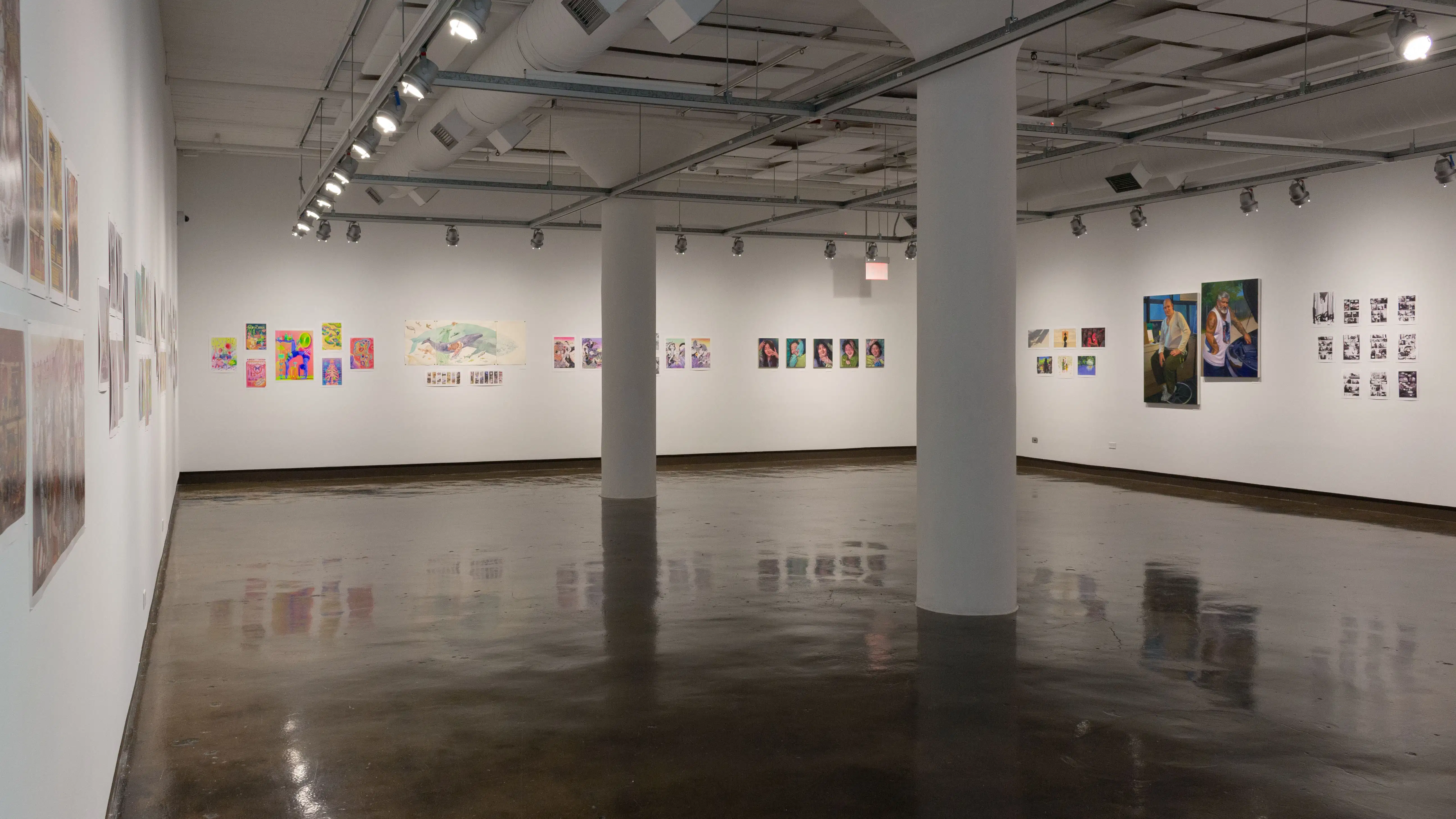 Multiple views of SVA Chelsea Gallery. There is illustrations and paintings hung on the walls. There are multiple shelves throughout the gallery with books places on them.