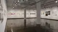 Multiple views of SVA Chelsea Gallery. There is illustrations and paintings hung on the walls. There are multiple shelves throughout the gallery with books places on them.