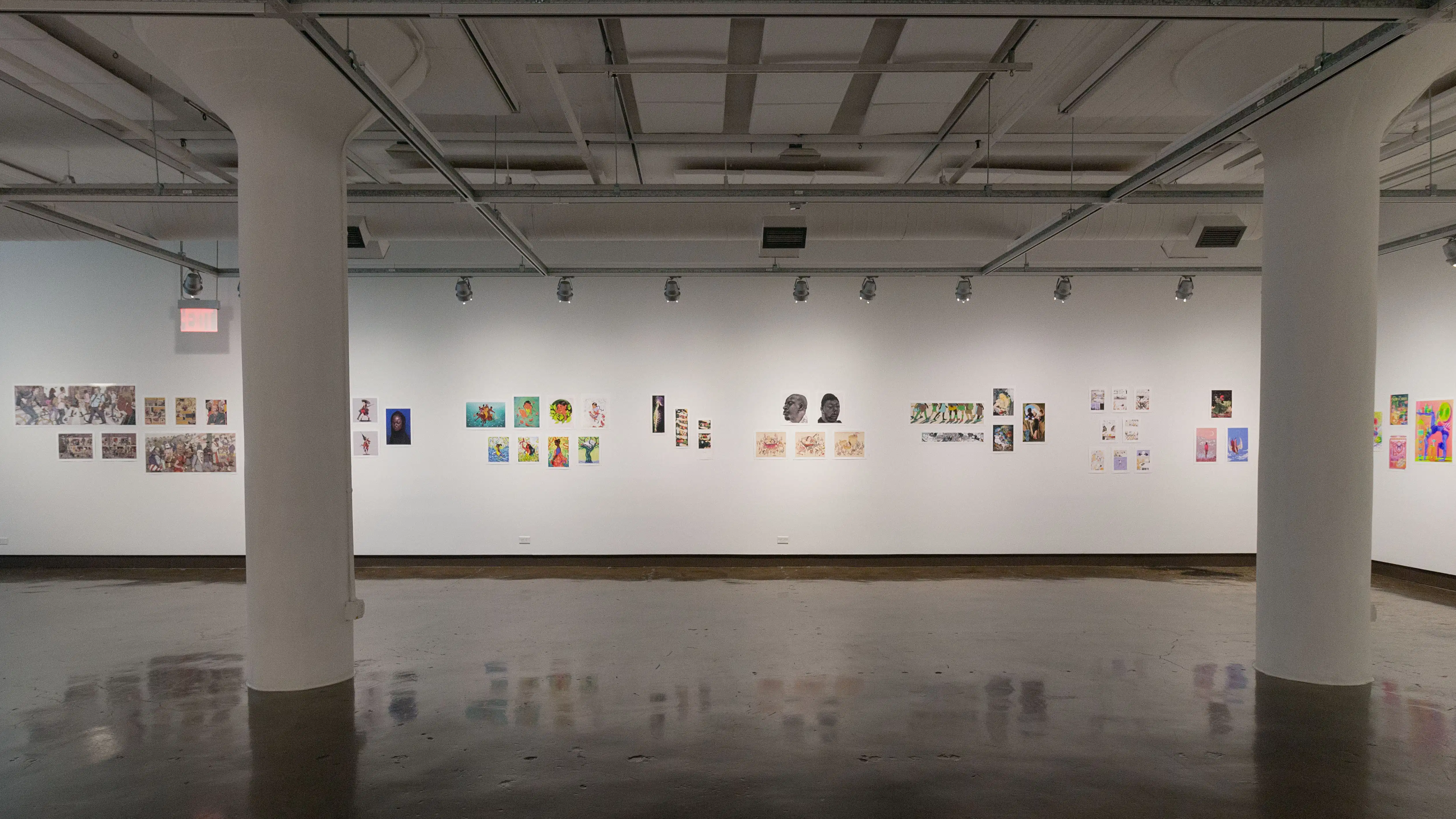 Multiple views of SVA Chelsea Gallery. There is illustrations and paintings hung on the walls. There are multiple shelves throughout the gallery with books places on them.