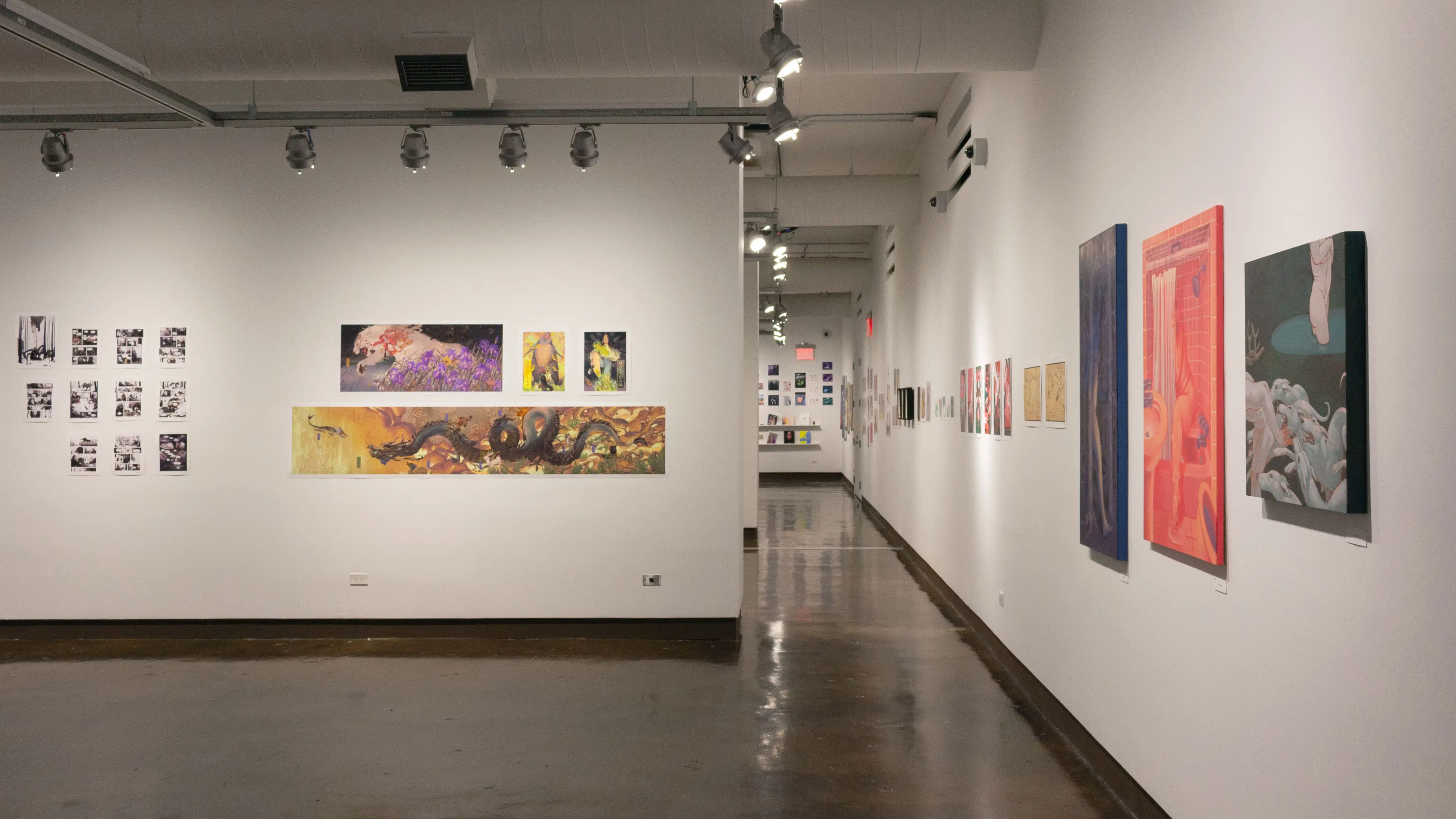 Multiple views of SVA Chelsea Gallery. There is illustrations and paintings hung on the walls. There are multiple shelves throughout the gallery with books places on them.