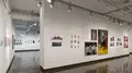 Multiple views of SVA Chelsea Gallery. There is illustrations and paintings hung on the walls. There are multiple shelves throughout the gallery with books places on them.