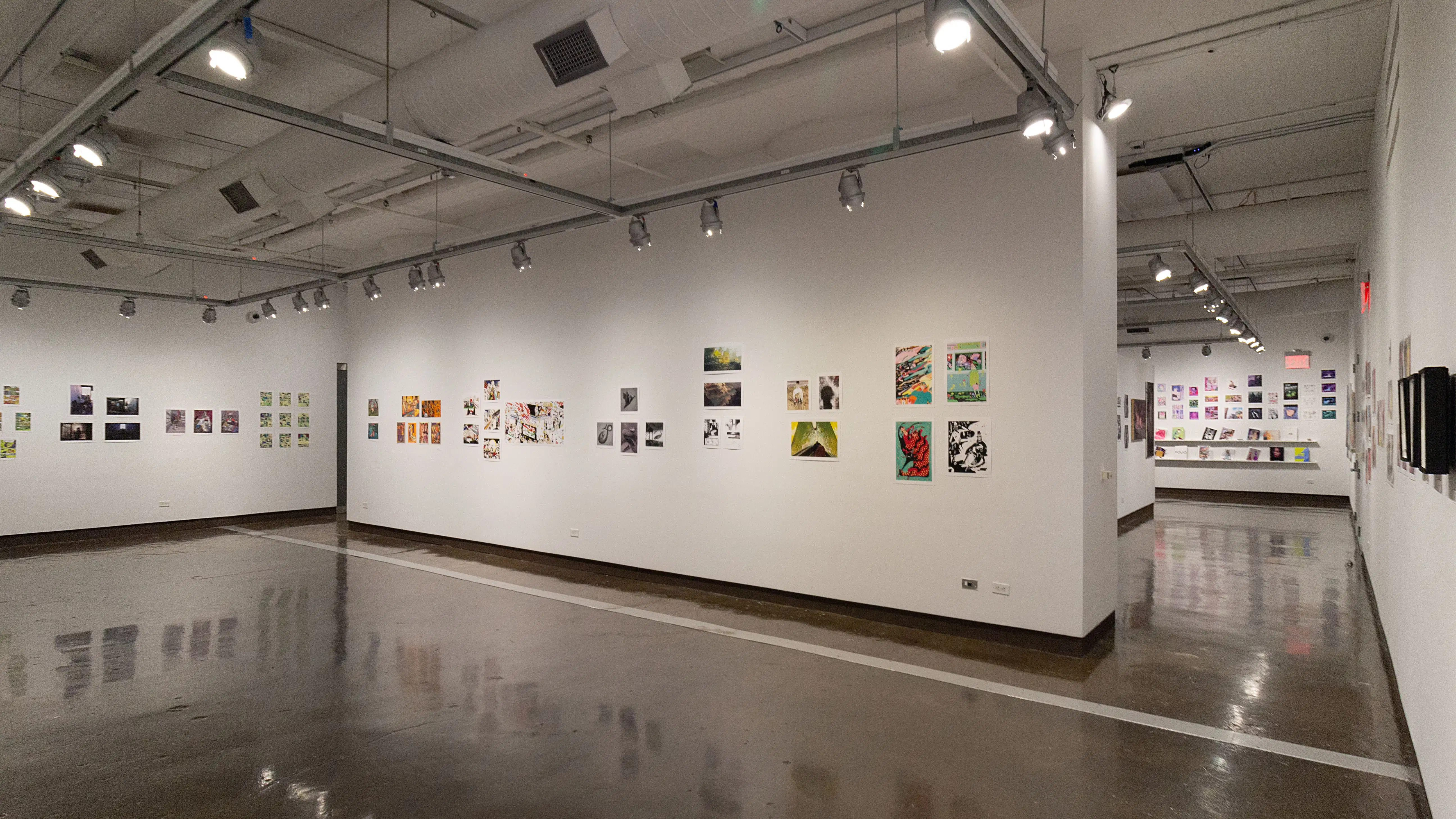 Multiple views of SVA Chelsea Gallery. There is illustrations and paintings hung on the walls. There are multiple shelves throughout the gallery with books places on them.