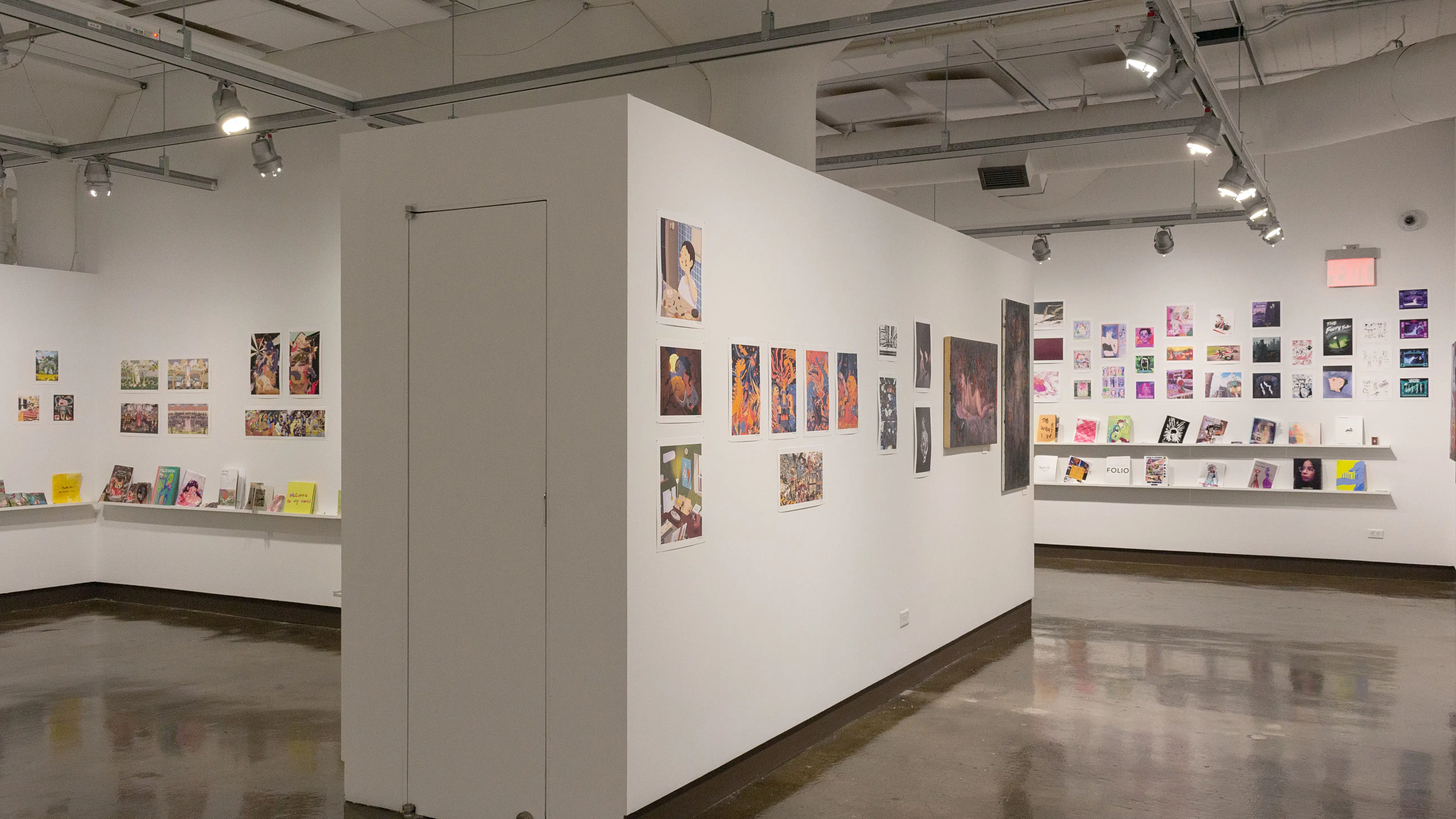 Multiple views of SVA Chelsea Gallery. There is illustrations and paintings hung on the walls. There are multiple shelves throughout the gallery with books places on them.
