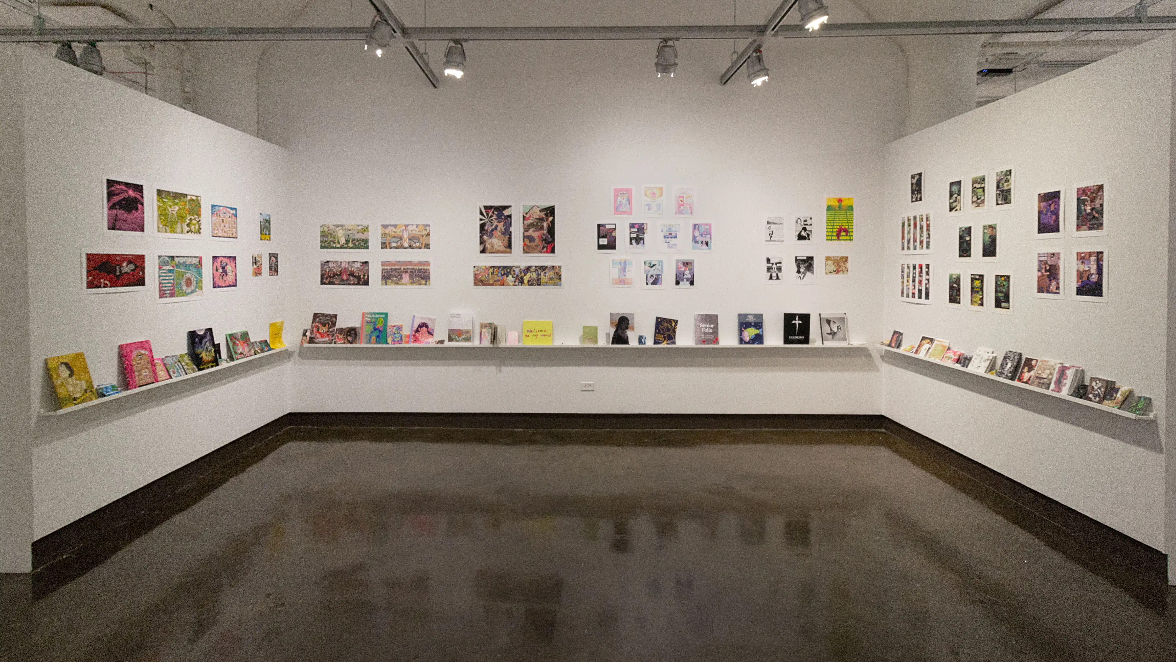 Multiple views of SVA Chelsea Gallery. There is illustrations and paintings hung on the walls. There are multiple shelves throughout the gallery with books places on them.