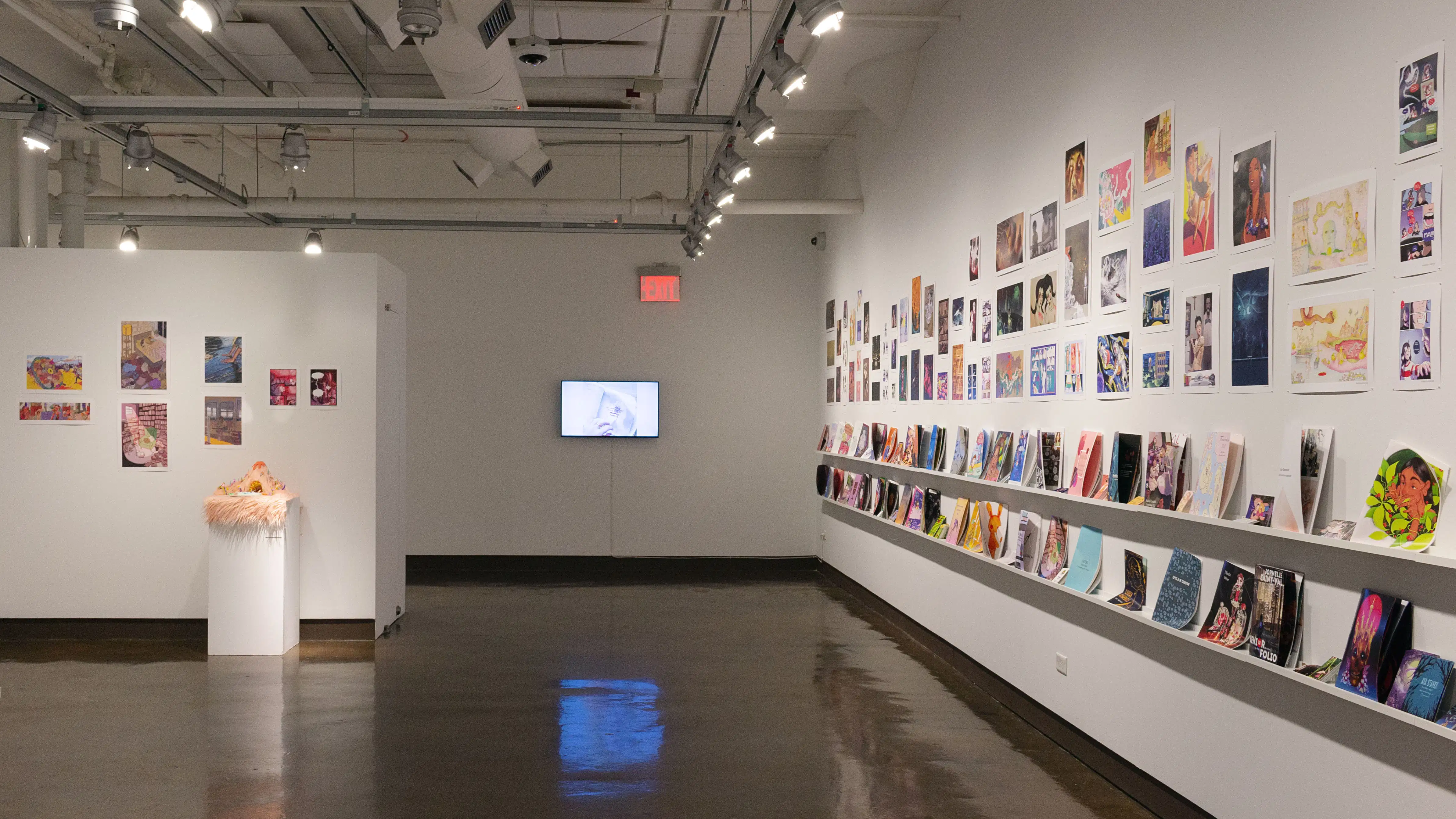 Multiple views of SVA Chelsea Gallery. There is illustrations and paintings hung on the walls. There are multiple shelves throughout the gallery with books places on them.