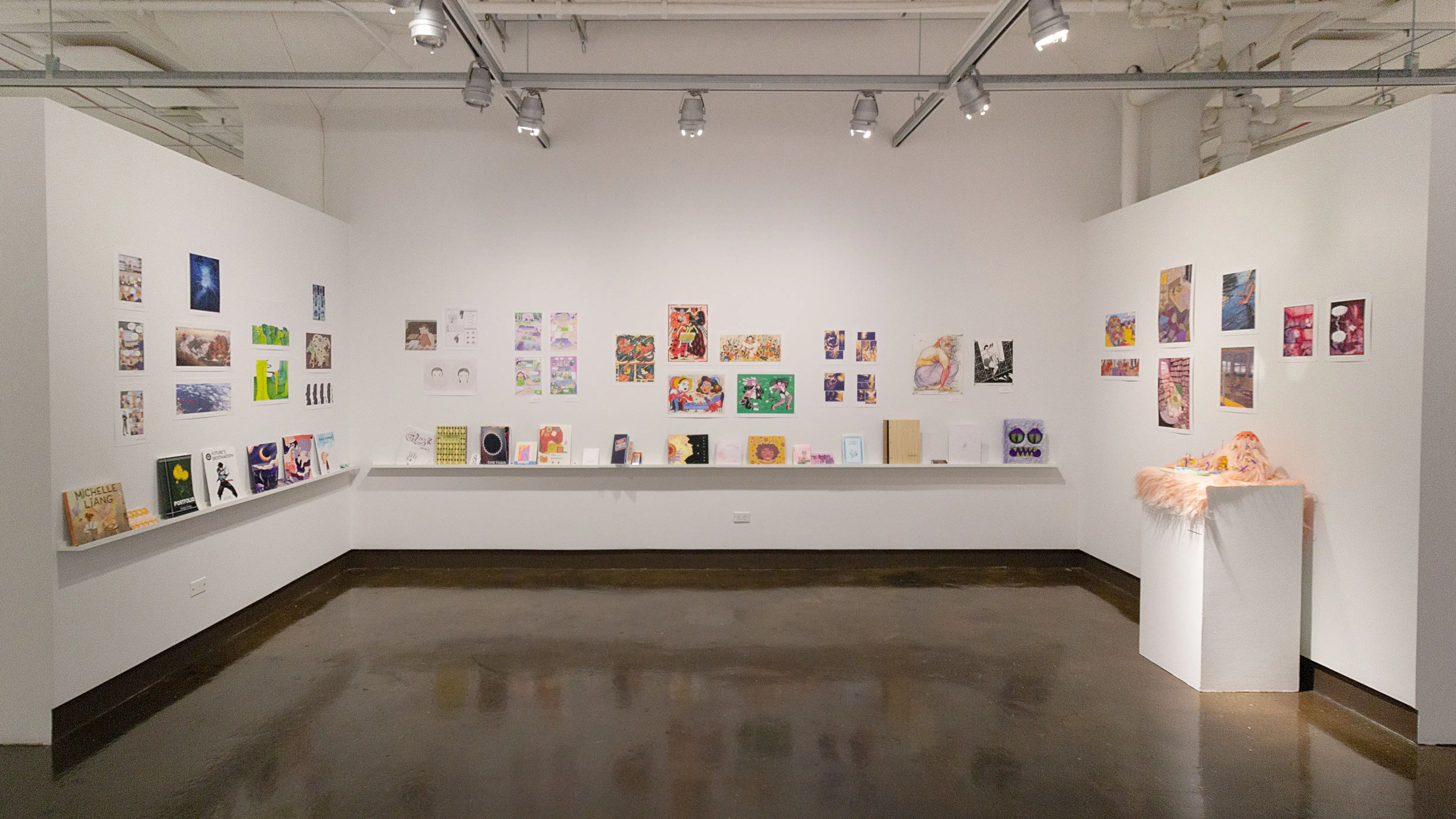 Multiple views of SVA Chelsea Gallery. There is illustrations and paintings hung on the walls. There are multiple shelves throughout the gallery with books places on them.