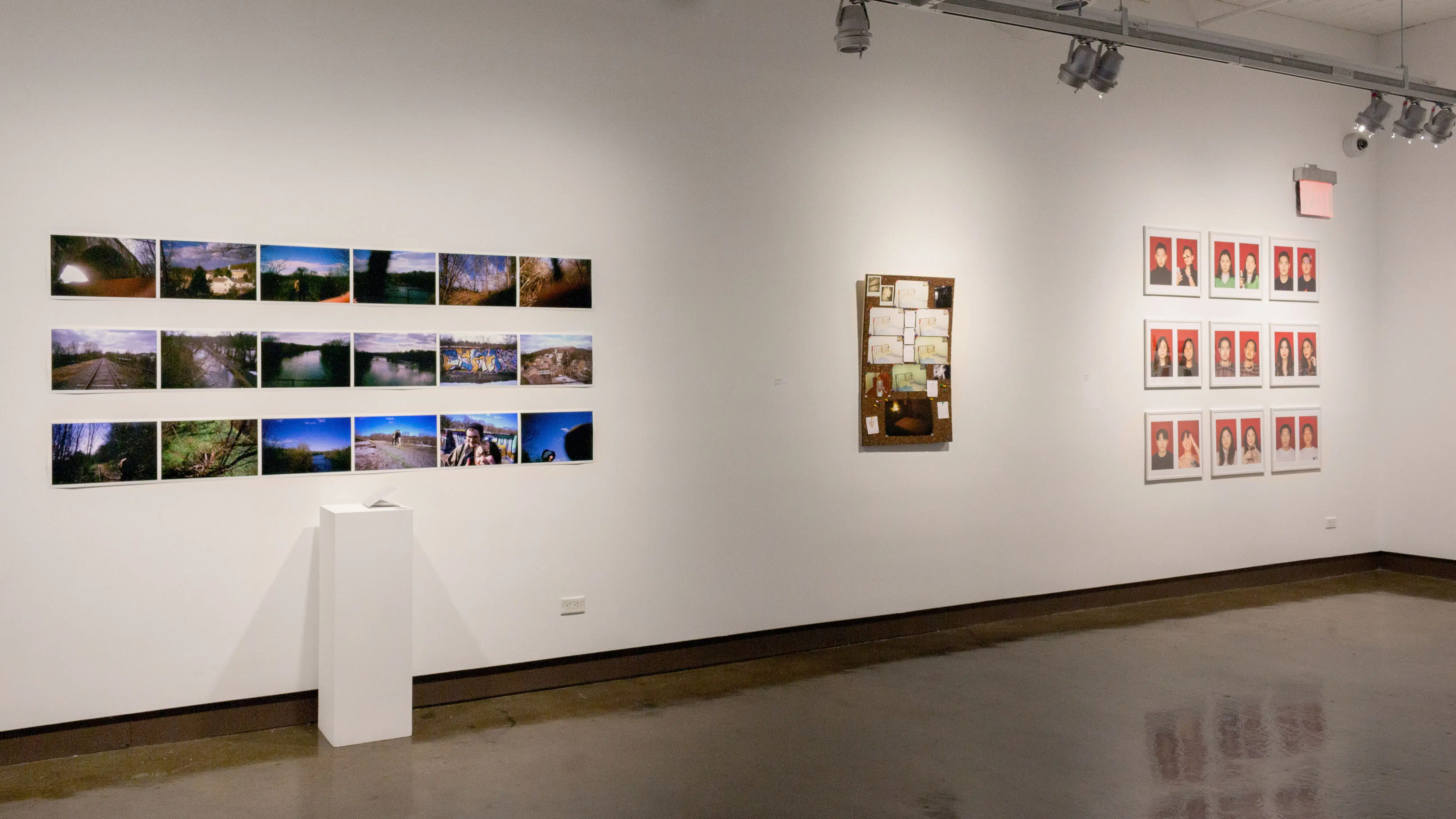 Multiple views of SVA Chelsea Gallery. There are photographs hung on the wall, installations and projections throughout the gallery. 
