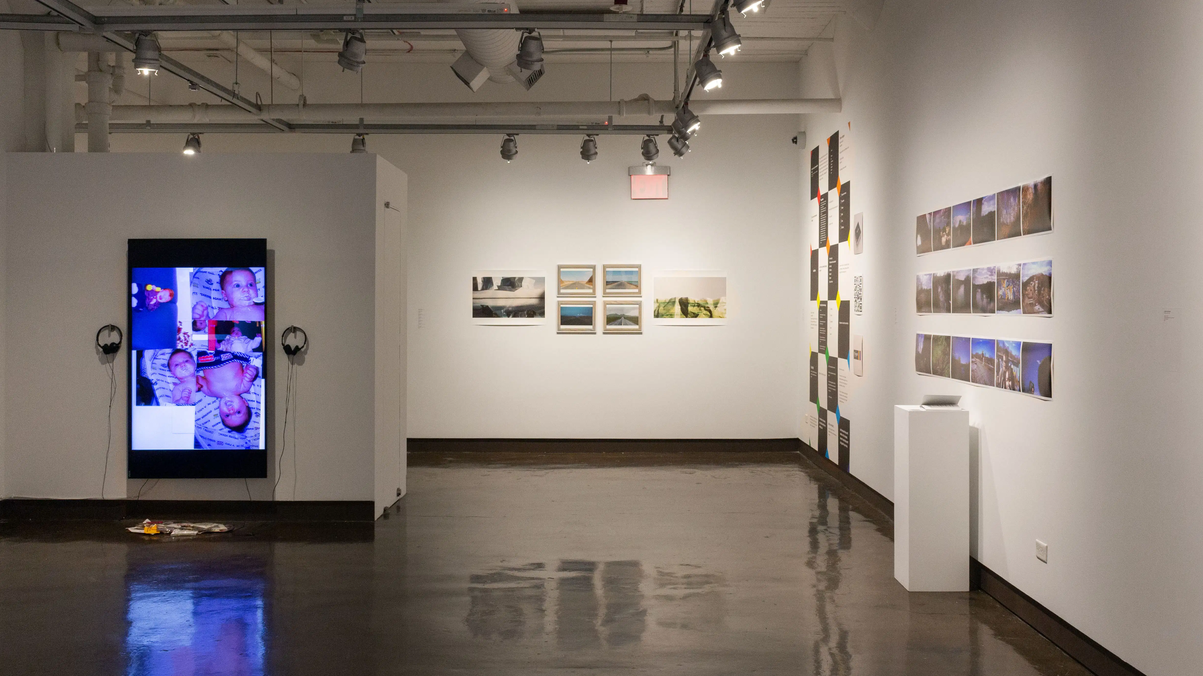 Multiple views of SVA Chelsea Gallery. There are photographs hung on the wall, installations and projections throughout the gallery. 