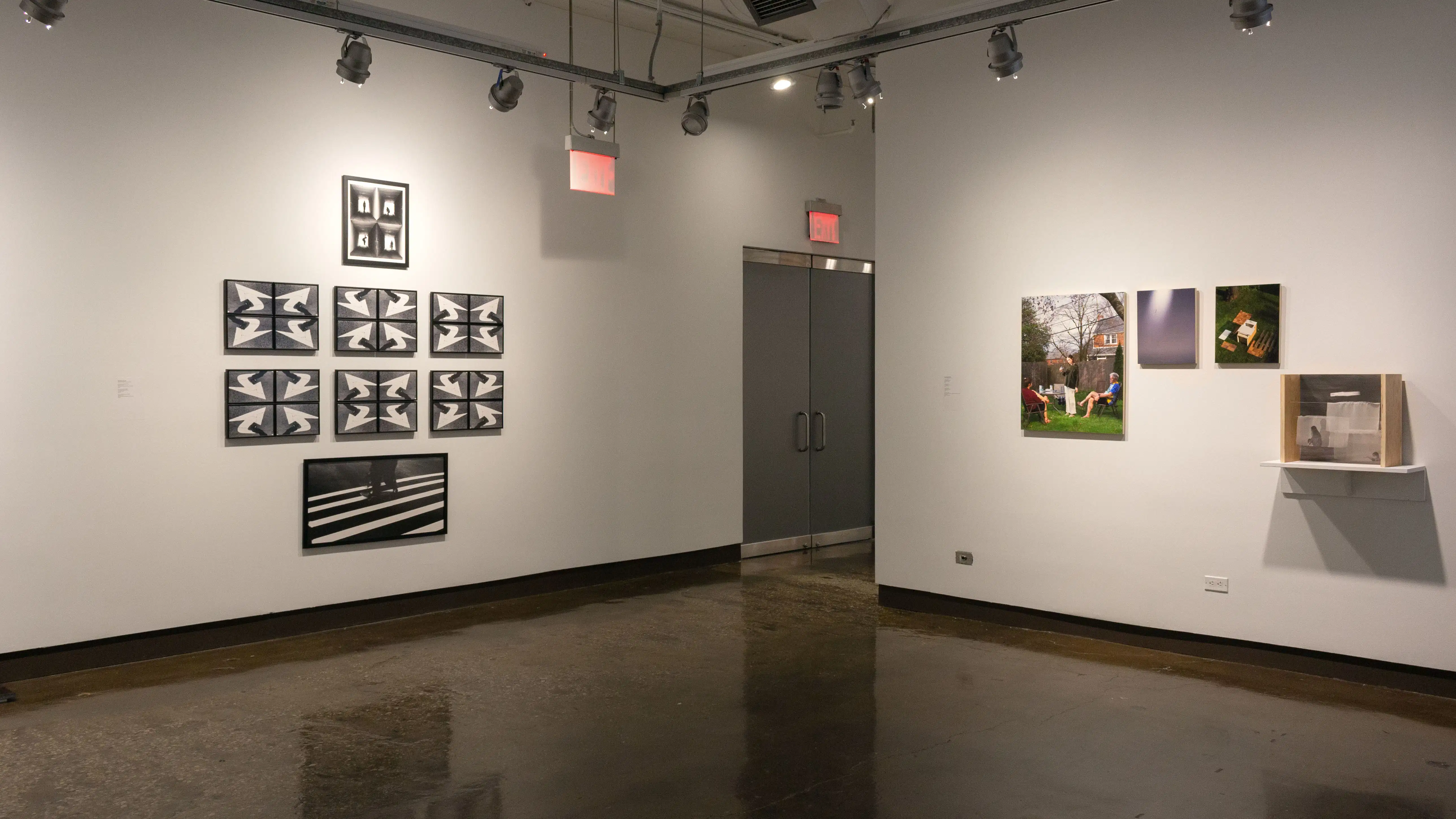 Multiple views of SVA Chelsea Gallery. There are photographs hung on the wall, installations and projections throughout the gallery. 