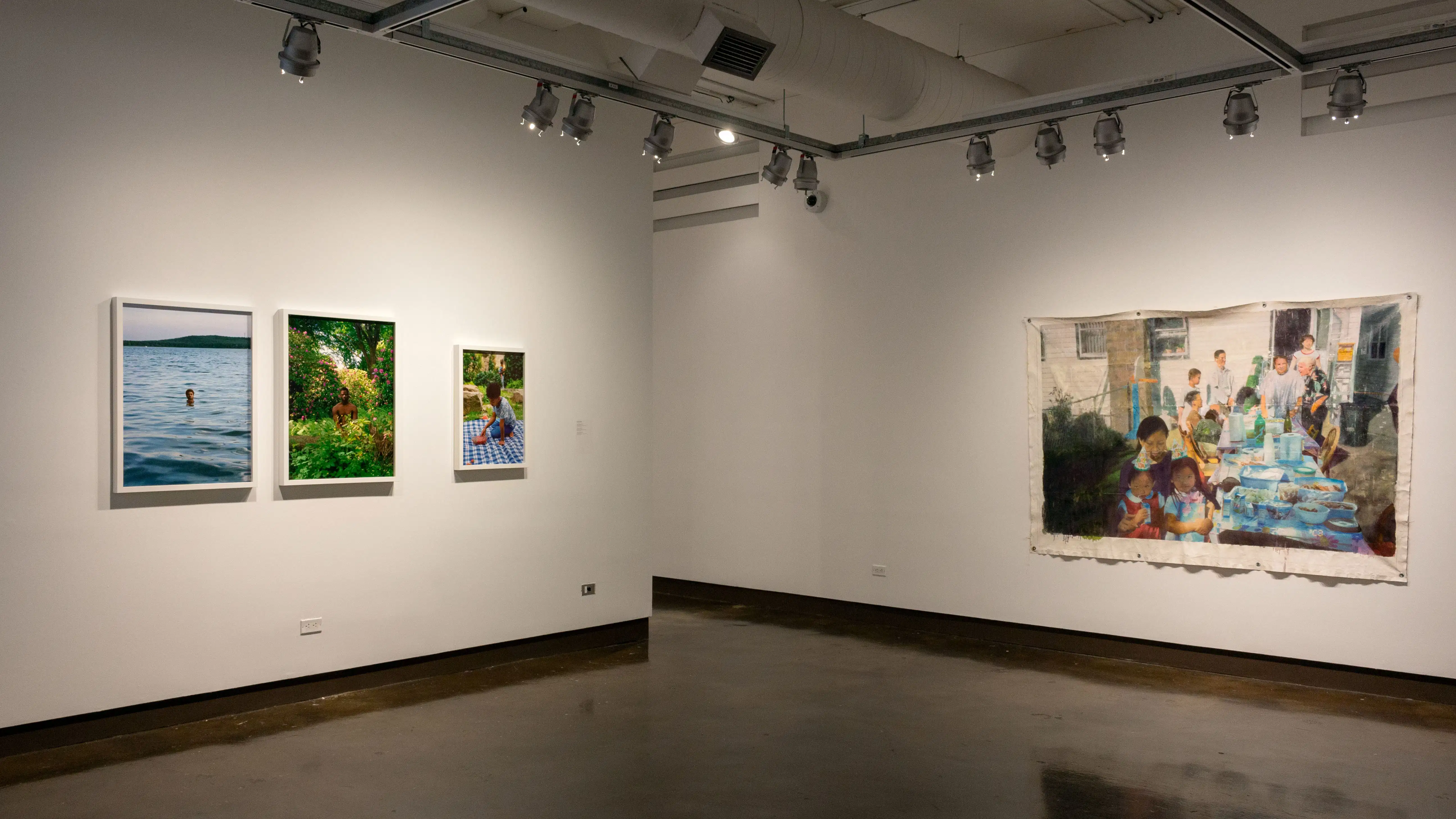 Multiple views of SVA Chelsea Gallery. There are photographs hung on the wall, installations and projections throughout the gallery. 