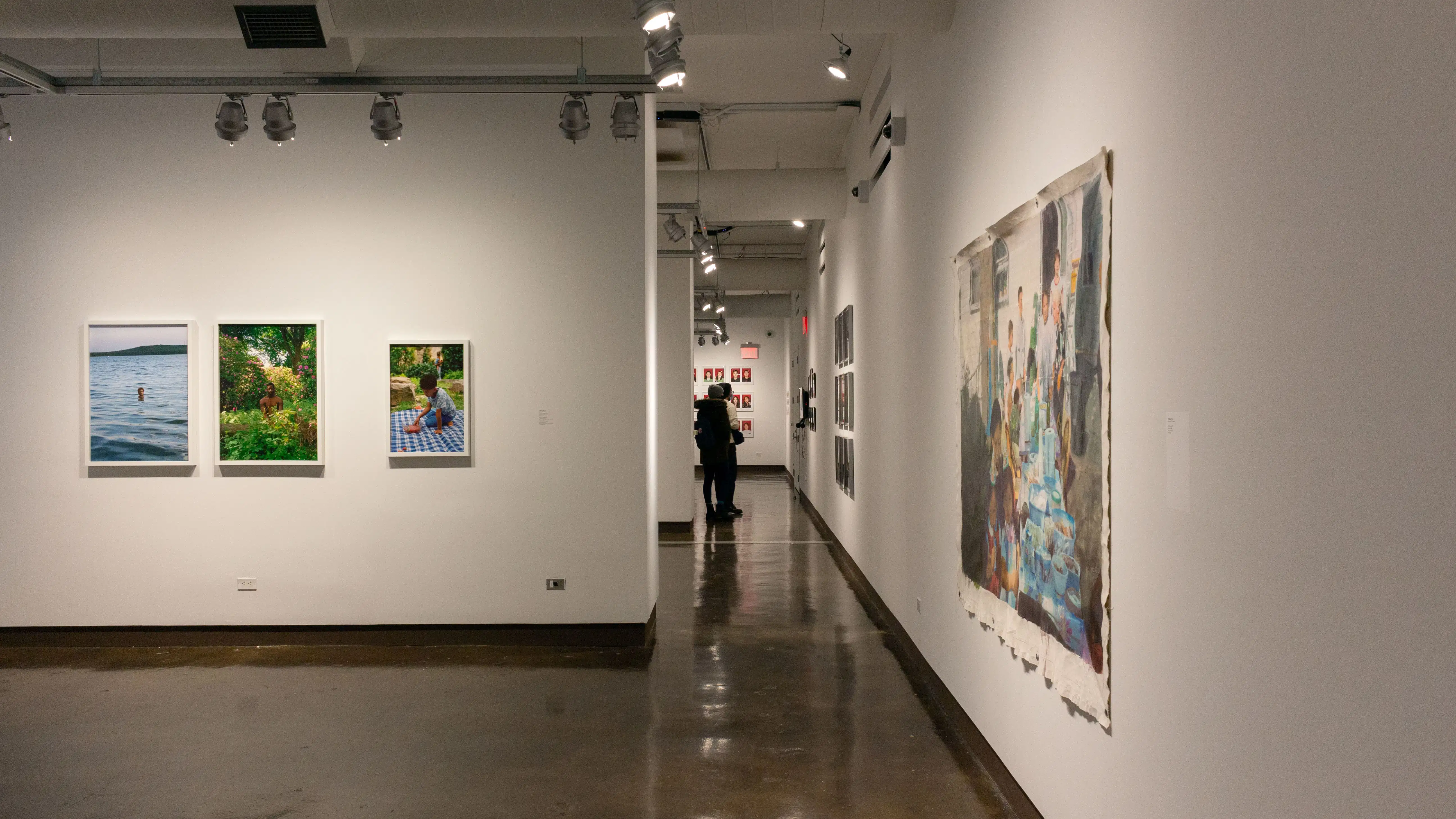 Multiple views of SVA Chelsea Gallery. There are photographs hung on the wall, installations and projections throughout the gallery. 