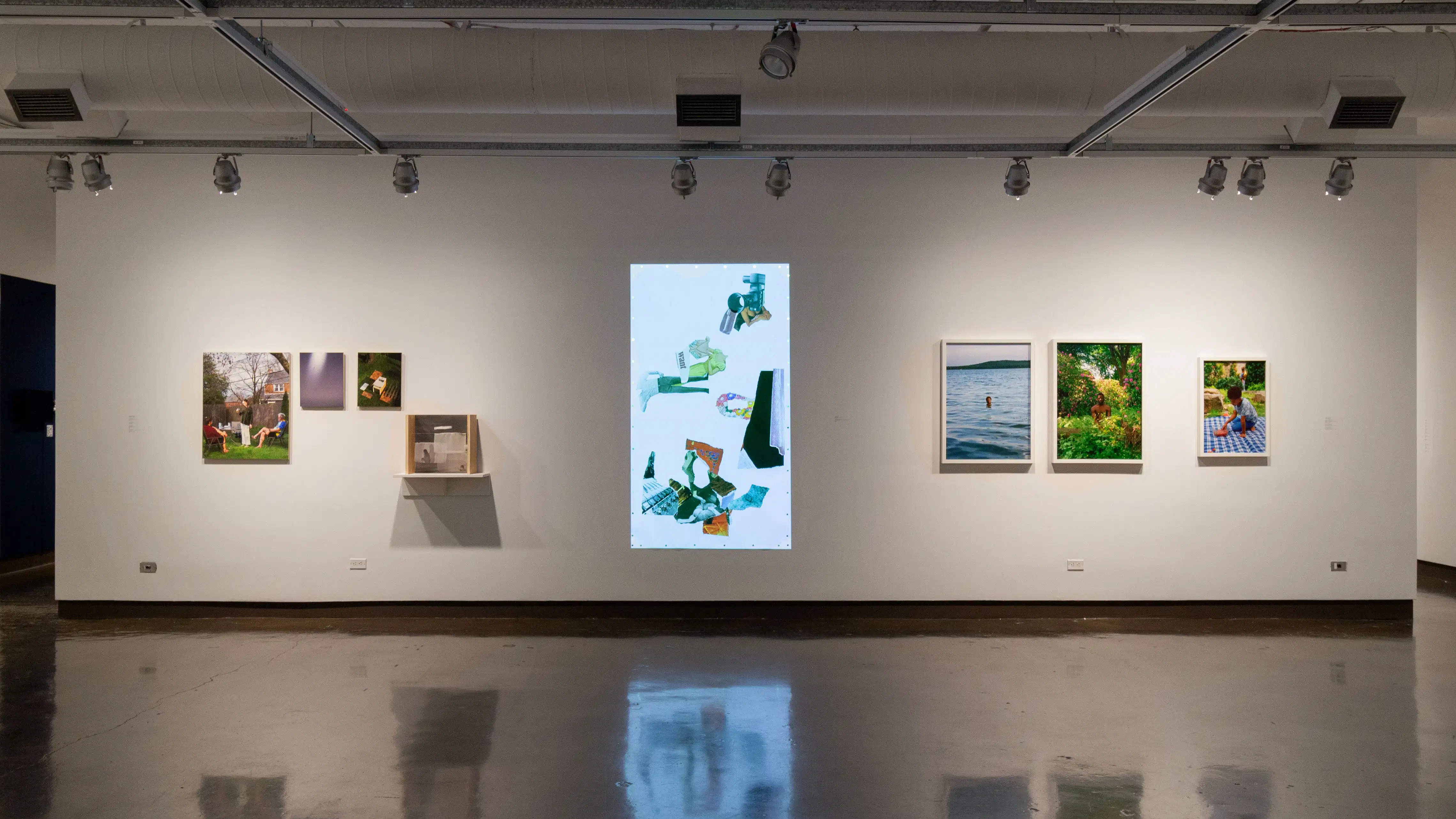 Multiple views of SVA Chelsea Gallery. There are photographs hung on the wall, installations and projections throughout the gallery. 