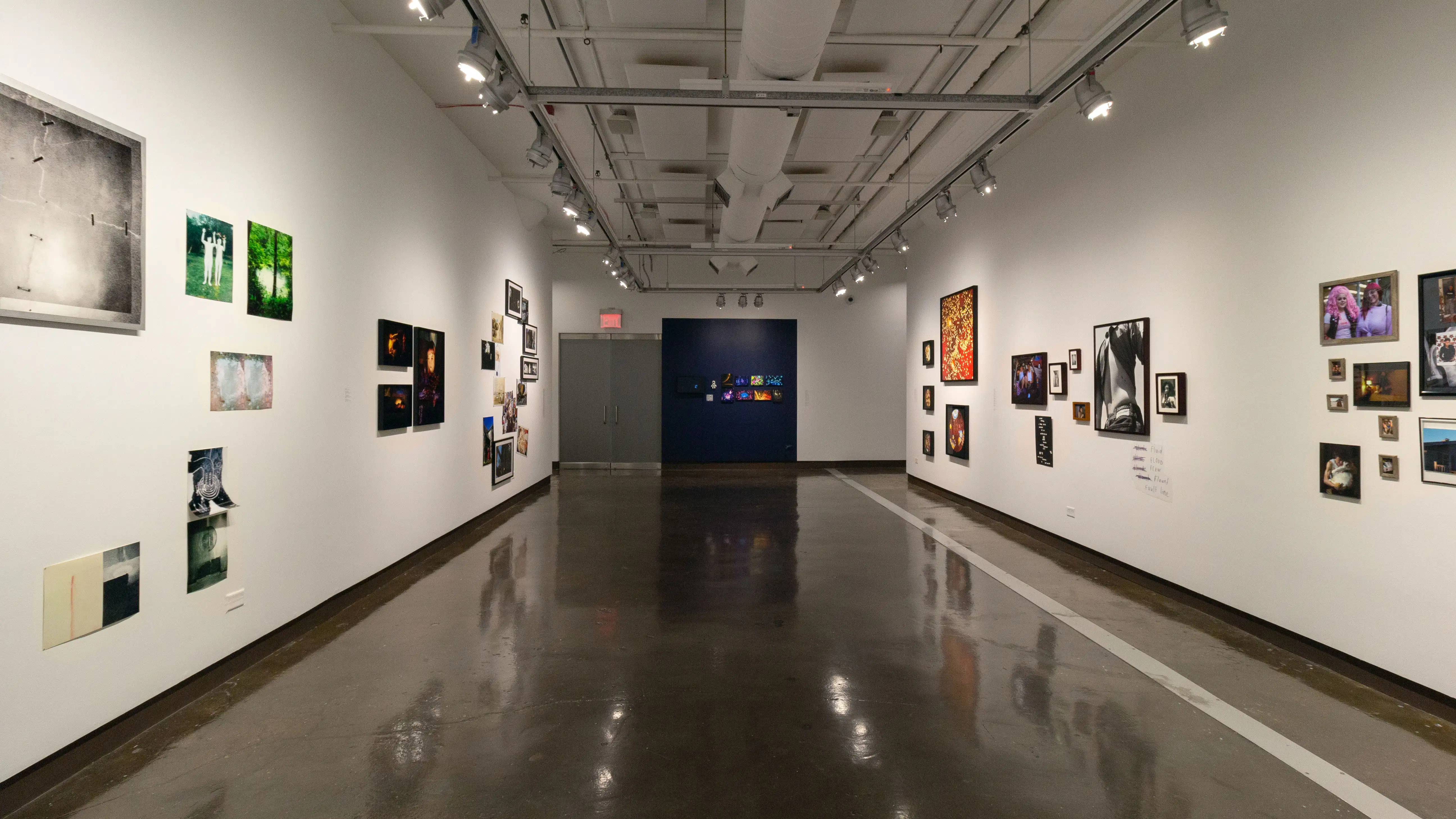 Multiple views of SVA Chelsea Gallery. There are photographs hung on the wall, installations and projections throughout the gallery. 
