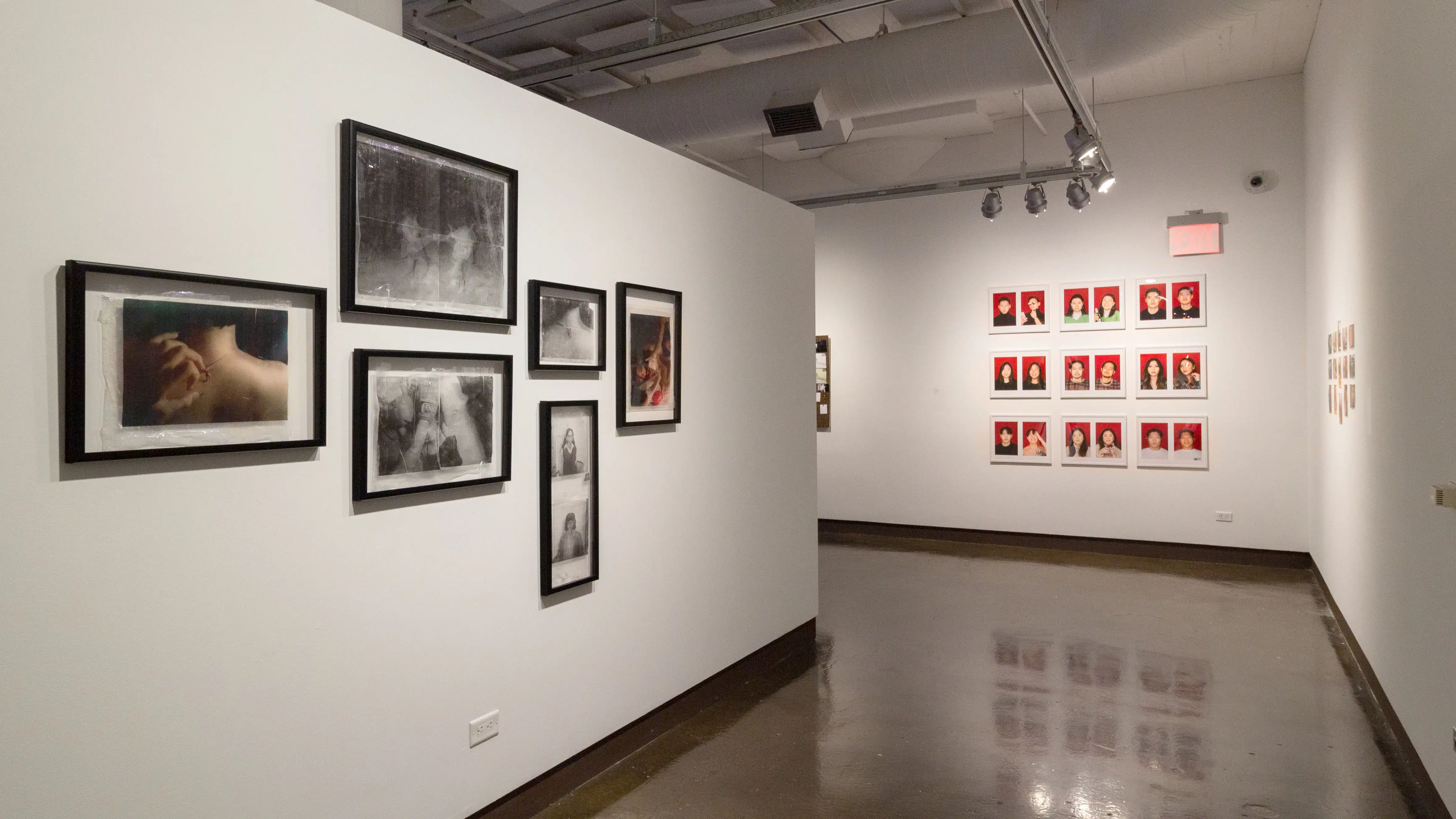 Multiple views of SVA Chelsea Gallery. There are photographs hung on the wall, installations and projections throughout the gallery. 