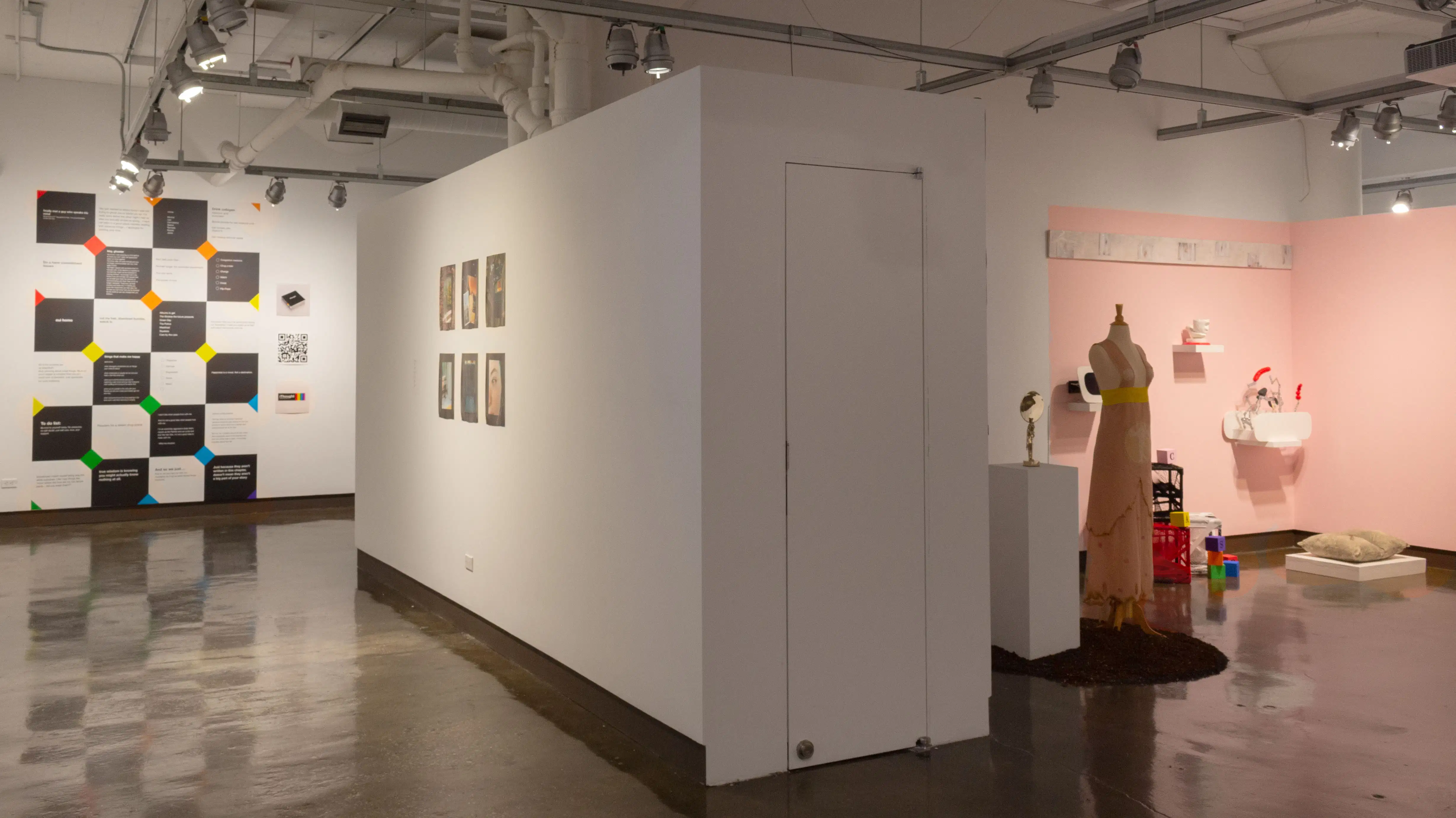 Multiple views of SVA Chelsea Gallery. There are photographs hung on the wall, installations and projections throughout the gallery. 