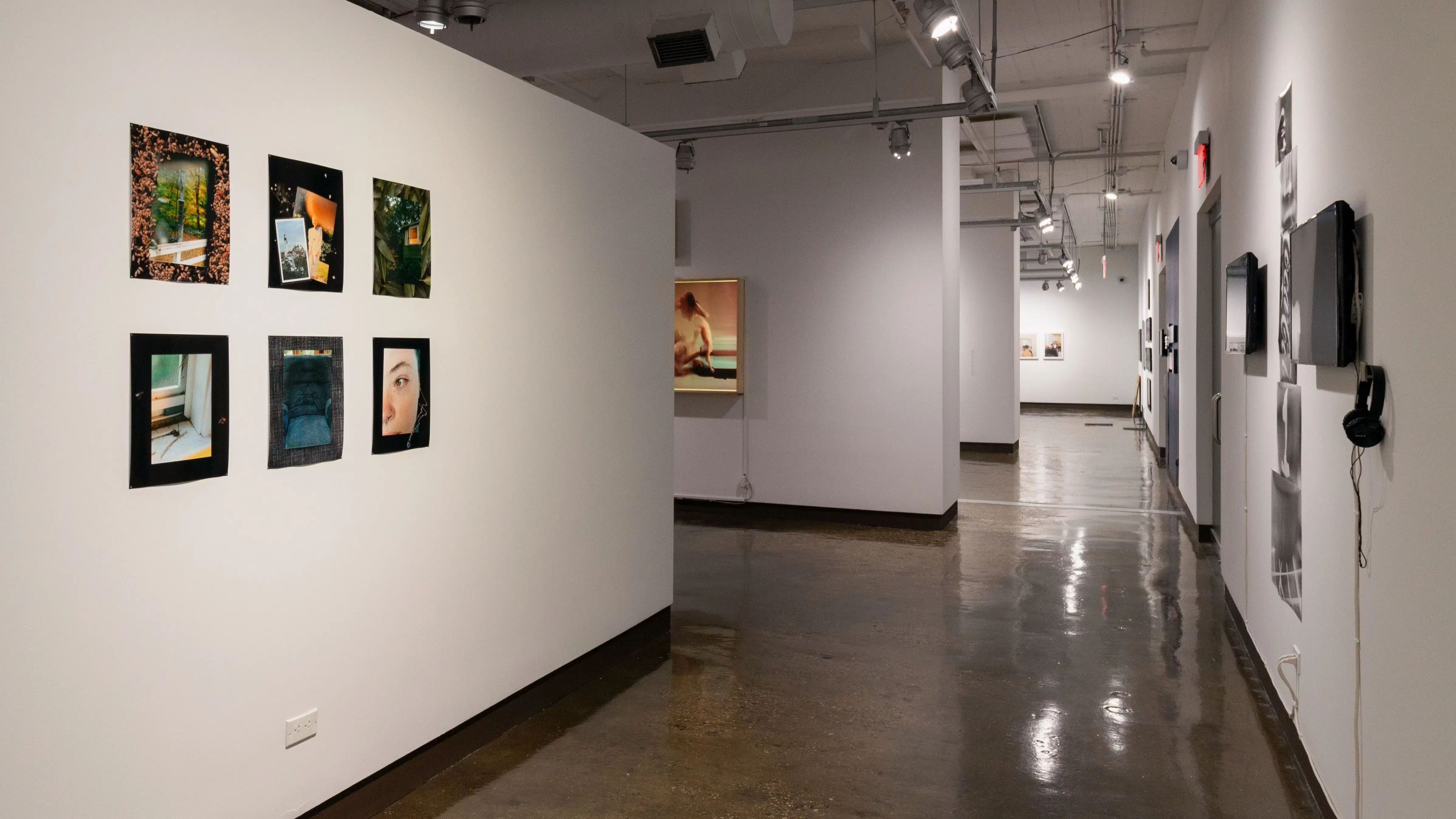 Multiple views of SVA Chelsea Gallery. There are photographs hung on the wall, installations and projections throughout the gallery. 