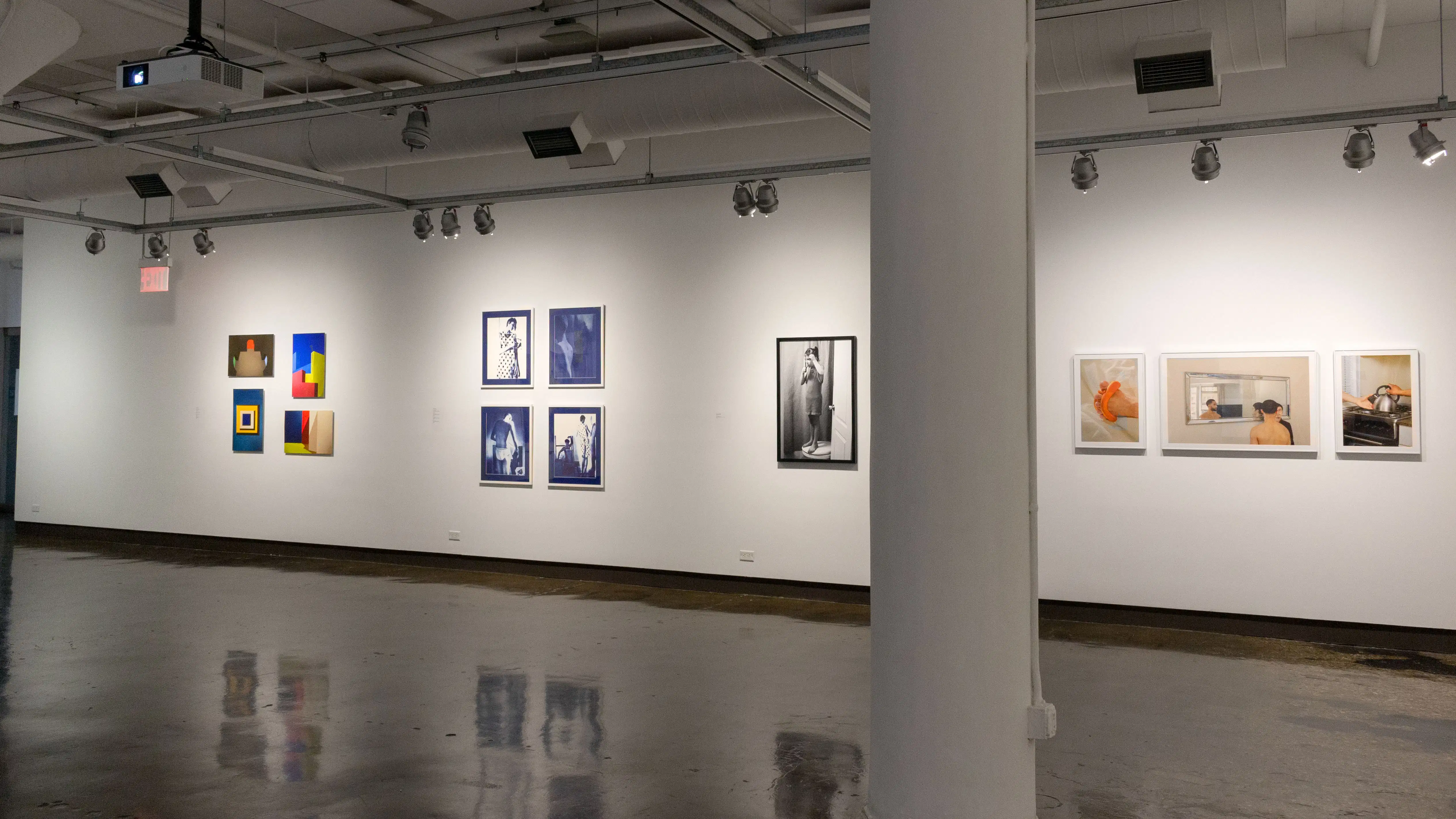 Multiple views of SVA Chelsea Gallery. There are photographs hung on the wall, installations and projections throughout the gallery. 