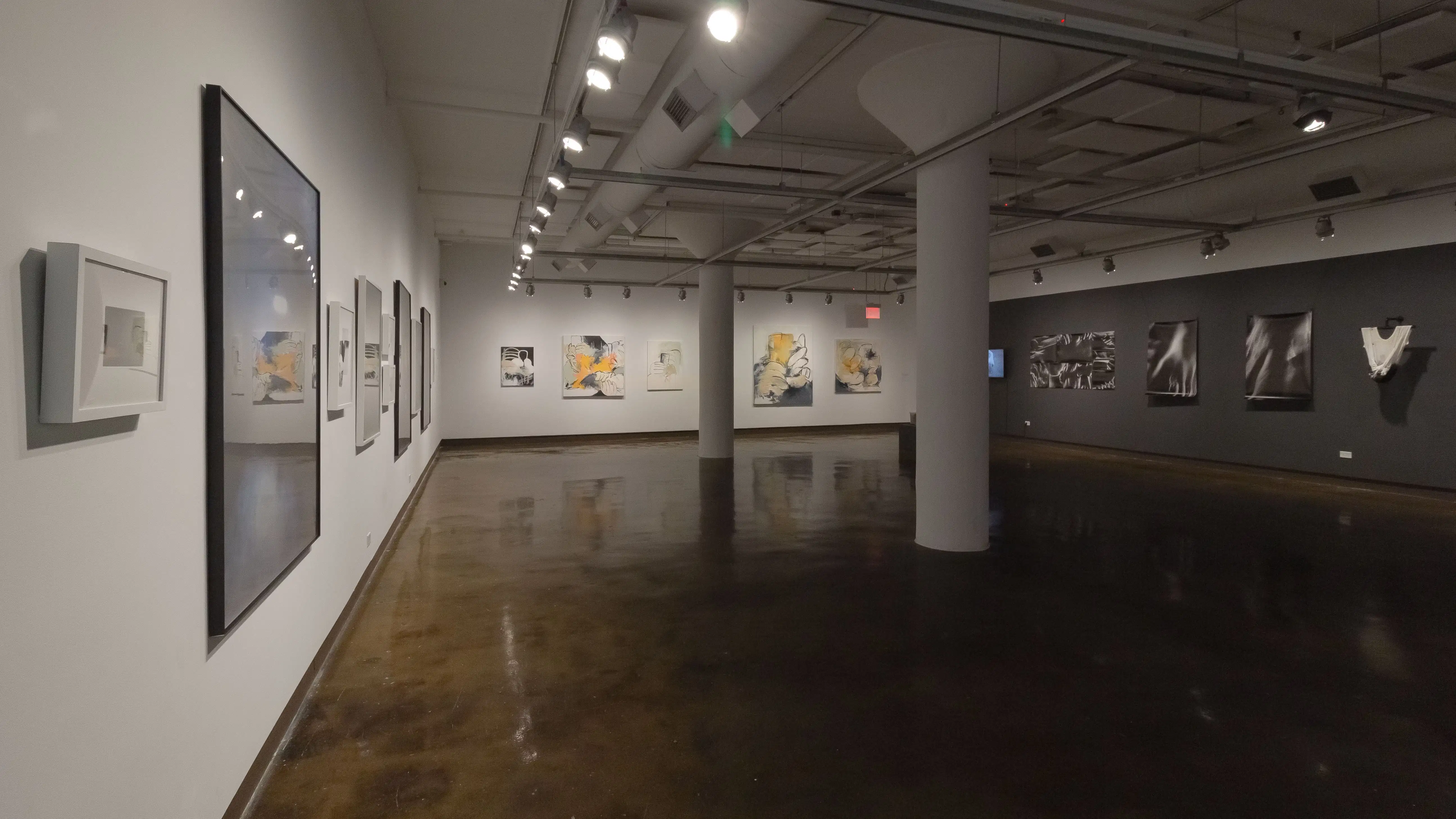Multiple views of SVA Chelsea Gallery with framed and unframed photographs, video, and installation with projectors. 