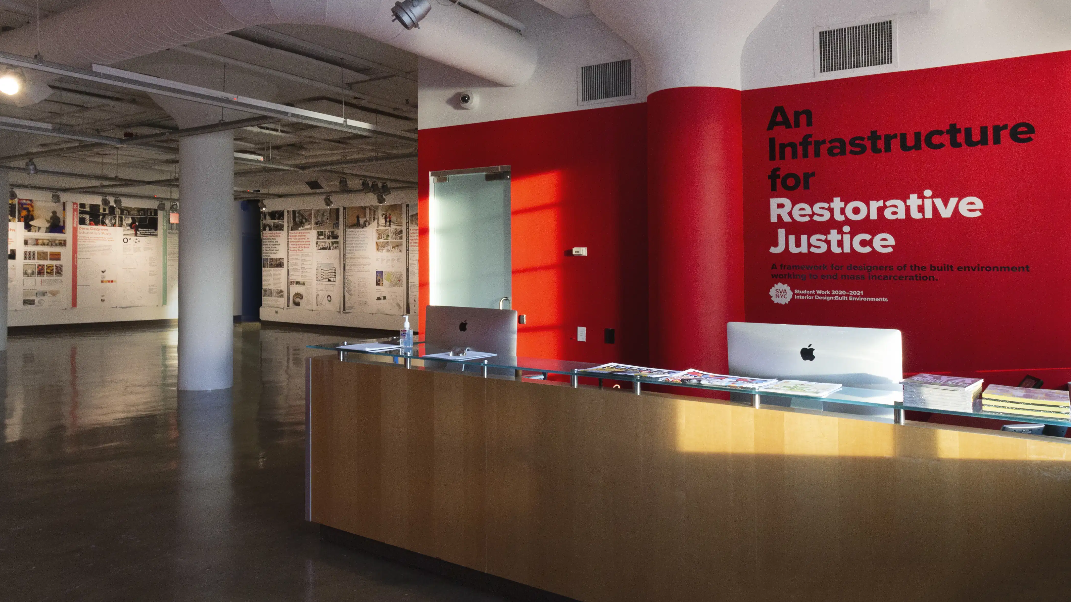 Multiple views of SVA Chelsea Gallery. Posters are hung on the walls. The second gallery has two projections on opposite walls with chairs in the center. 