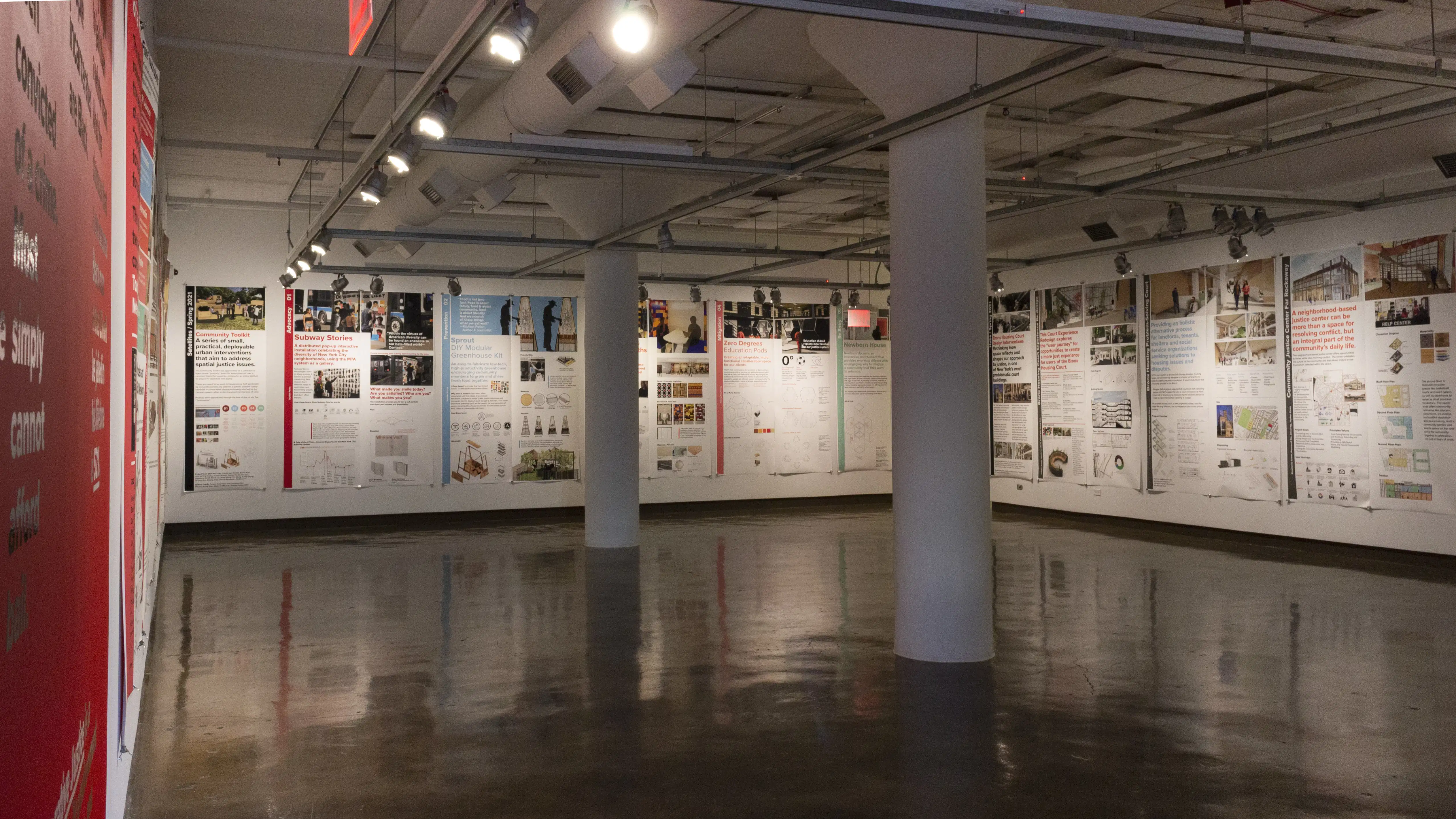 Multiple views of SVA Chelsea Gallery. Posters are hung on the walls. The second gallery has two projections on opposite walls with chairs in the center. 