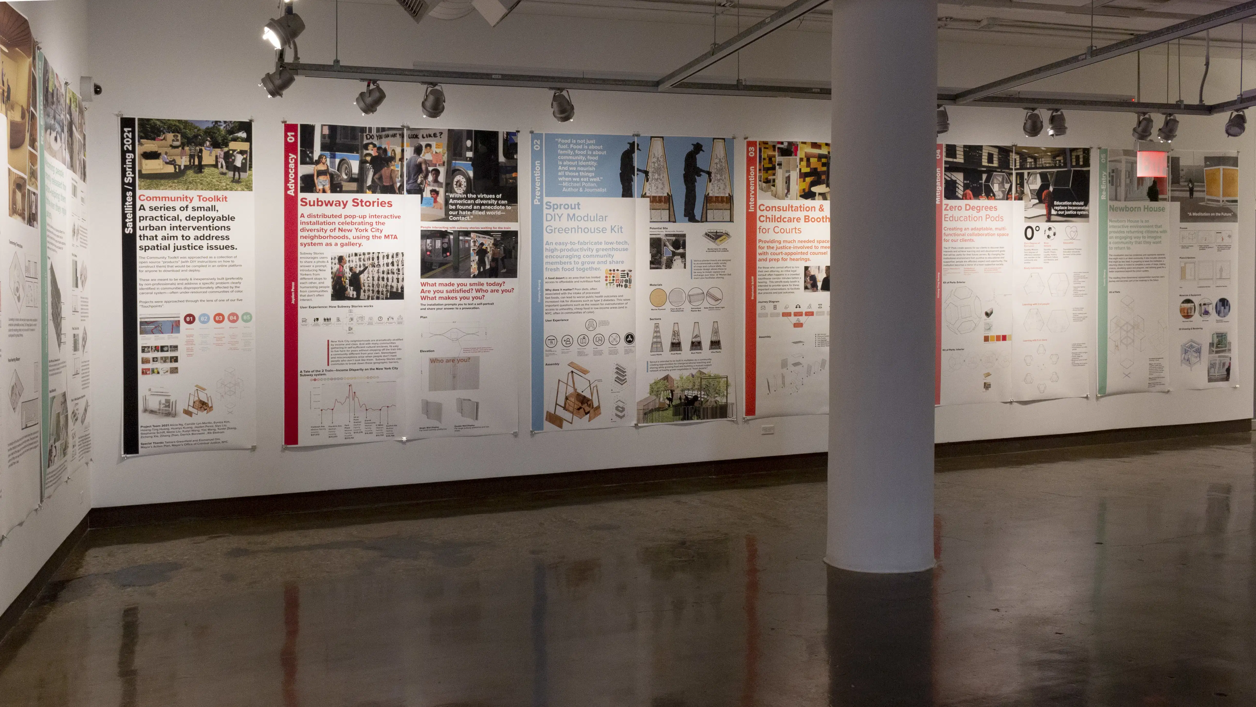 Multiple views of SVA Chelsea Gallery. Posters are hung on the walls. The second gallery has two projections on opposite walls with chairs in the center. 