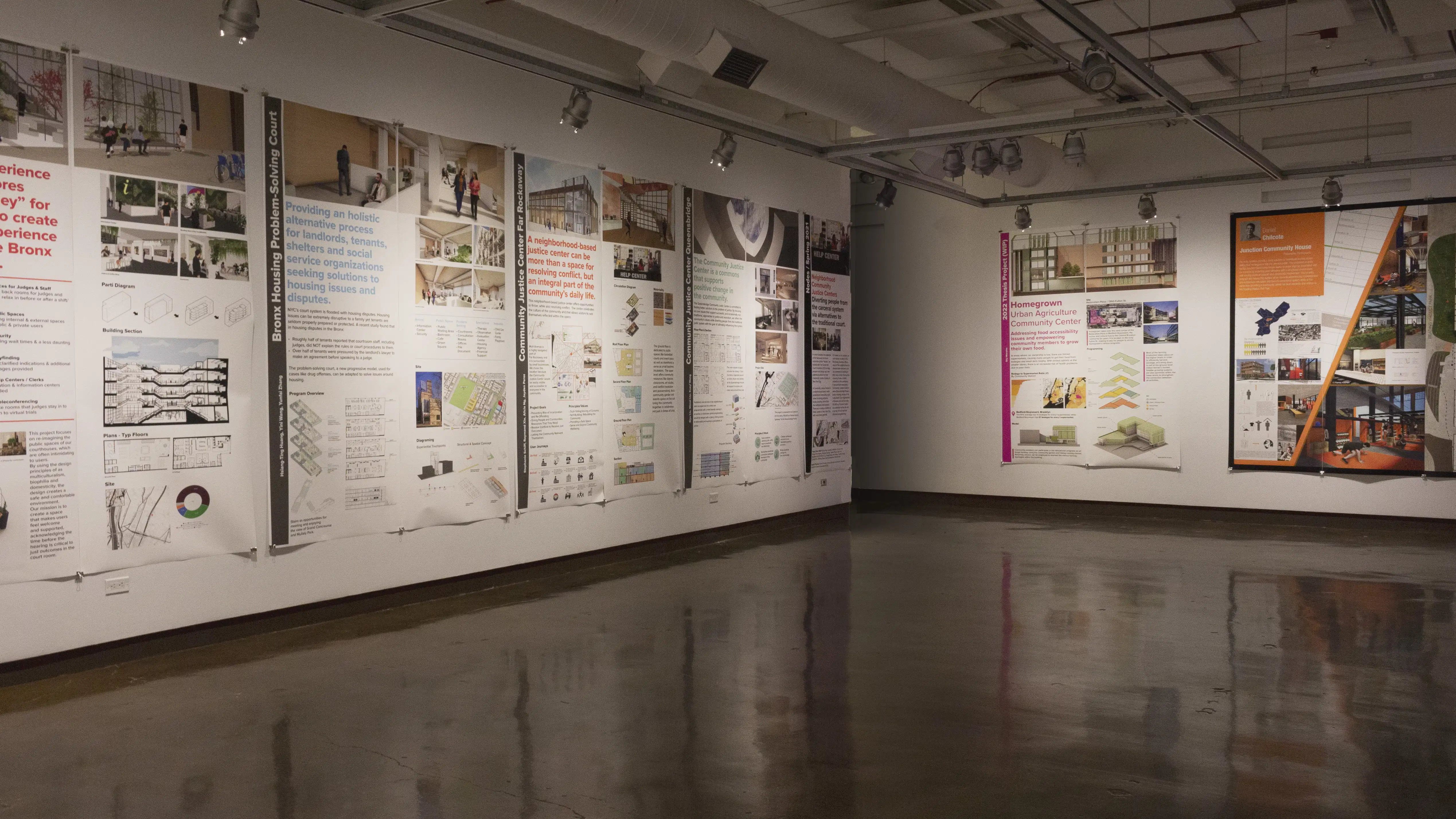 Multiple views of SVA Chelsea Gallery. Posters are hung on the walls. The second gallery has two projections on opposite walls with chairs in the center. 
