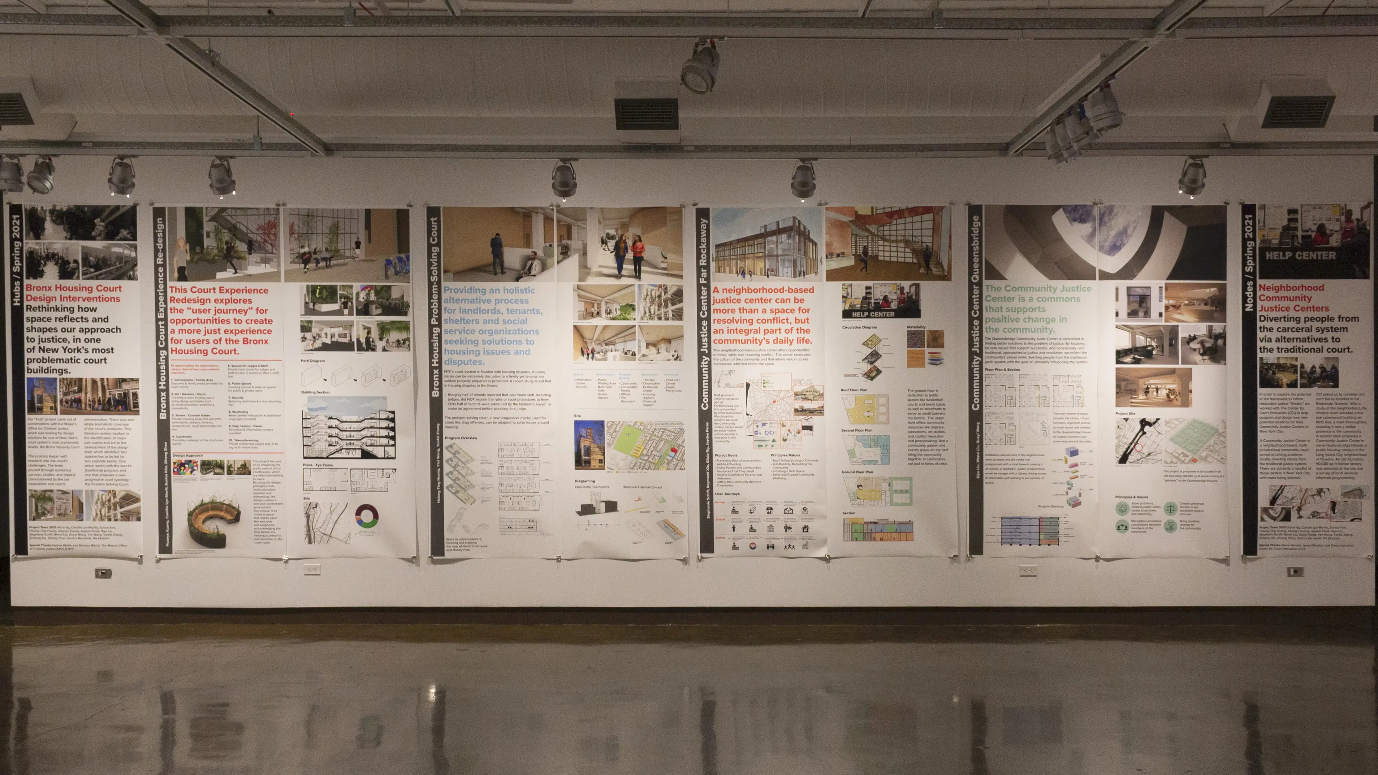 Multiple views of SVA Chelsea Gallery. Posters are hung on the walls. The second gallery has two projections on opposite walls with chairs in the center. 