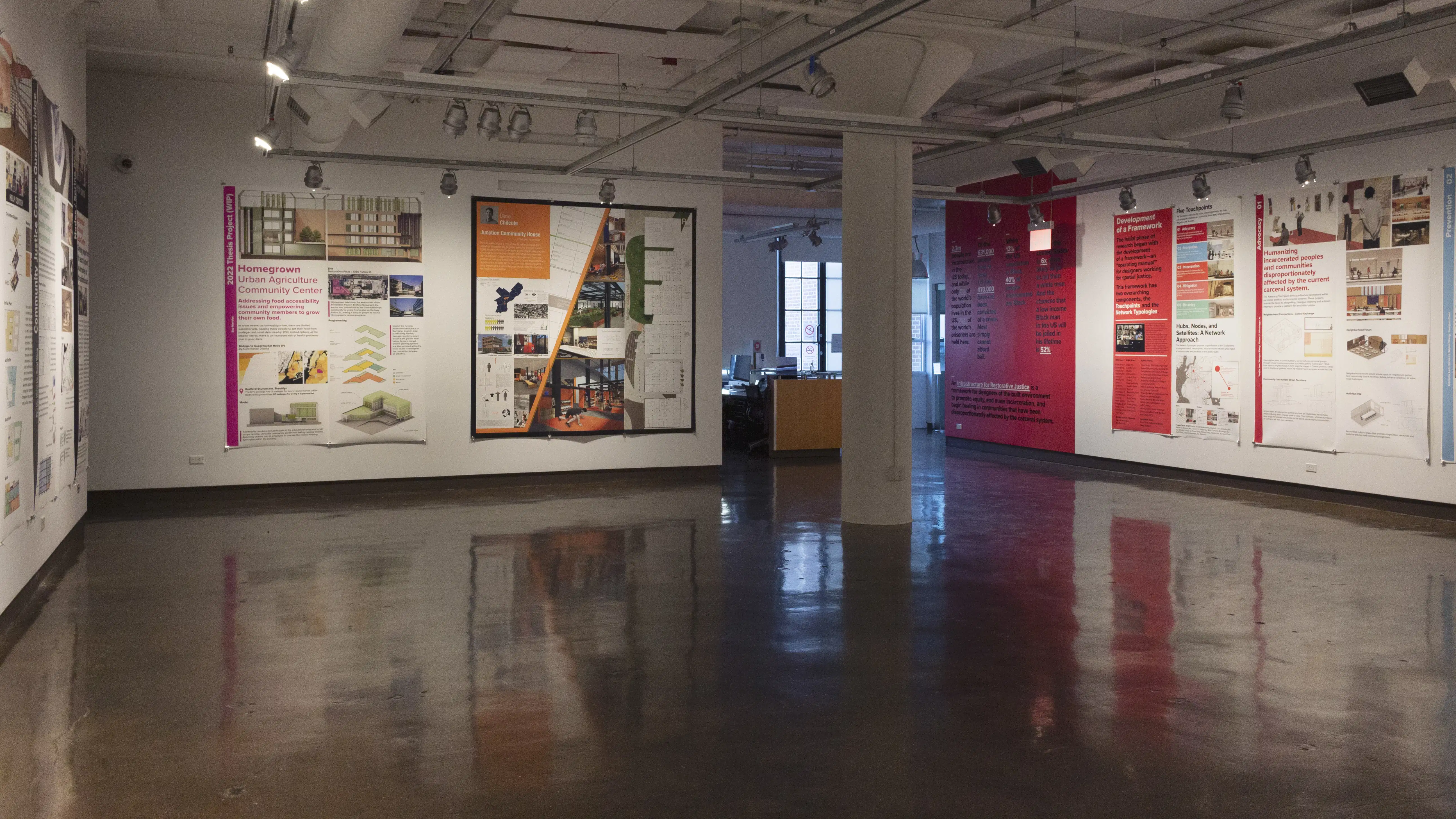 Multiple views of SVA Chelsea Gallery. Posters are hung on the walls. The second gallery has two projections on opposite walls with chairs in the center. 