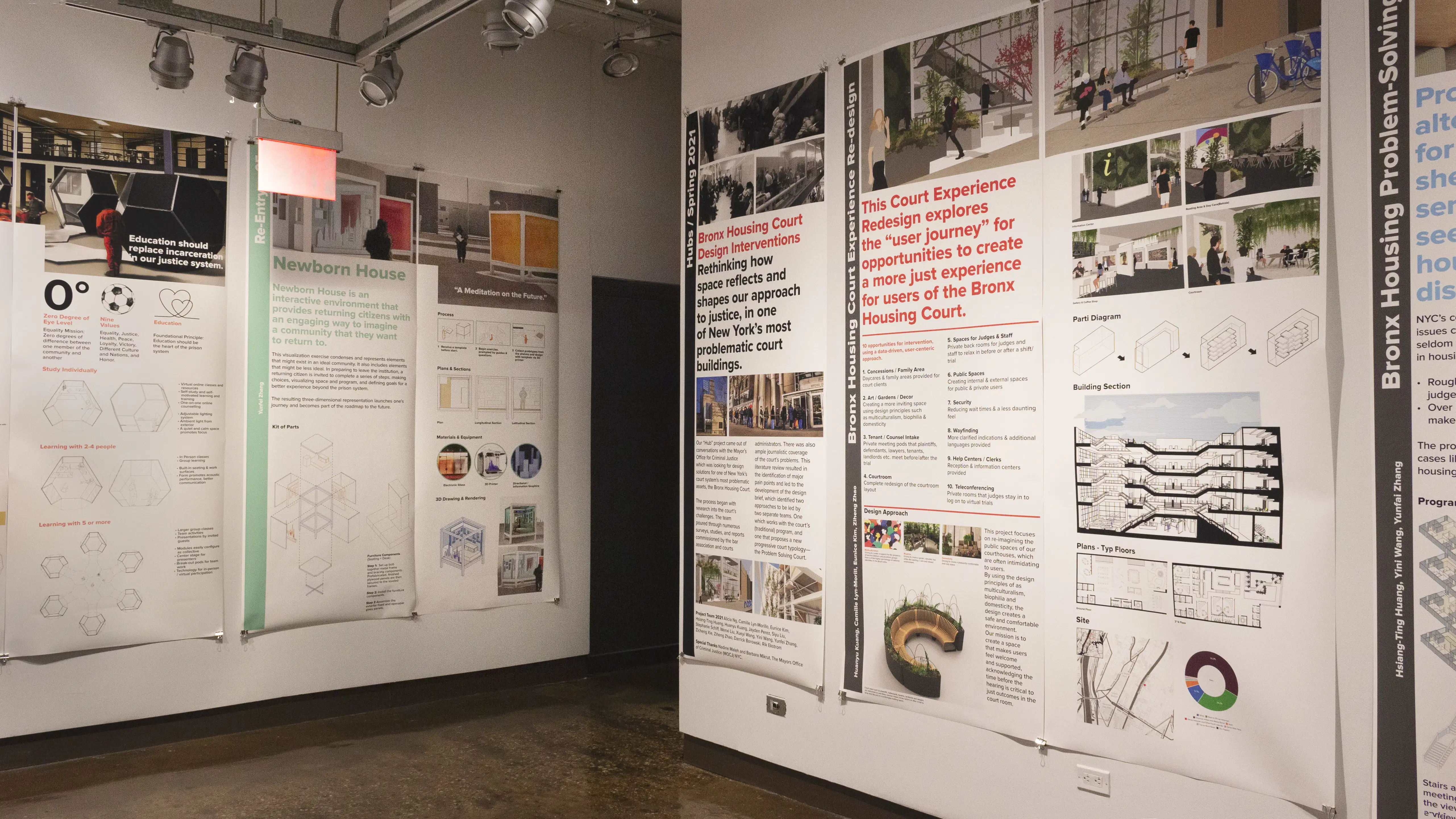 Multiple views of SVA Chelsea Gallery. Posters are hung on the walls. The second gallery has two projections on opposite walls with chairs in the center. 