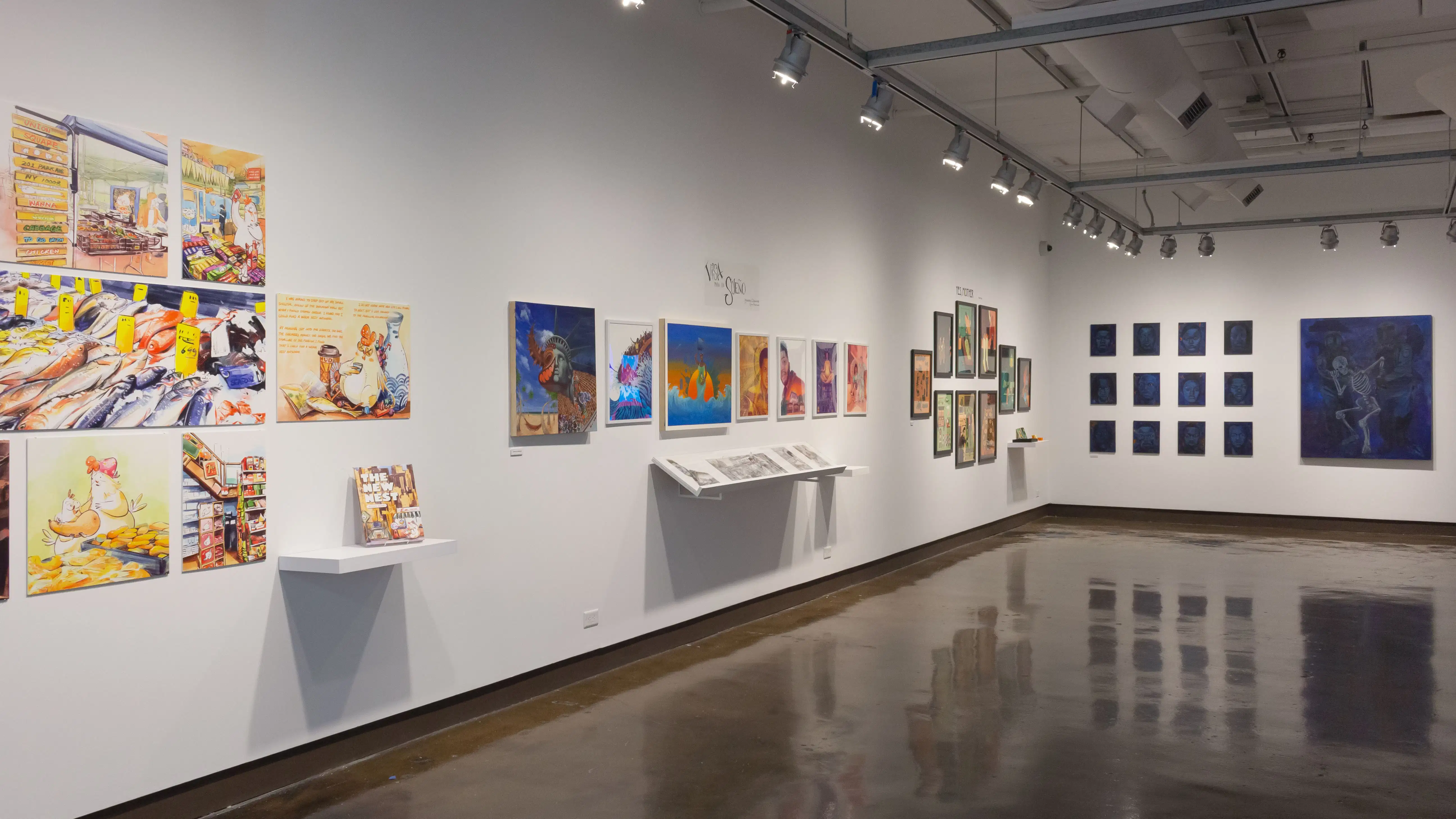 Multiple views of SVA Chelsea Gallery. There are illustrations, monitors, and paintings hung on the walls. Shelves have posters, books, CDs and artist take-aways.