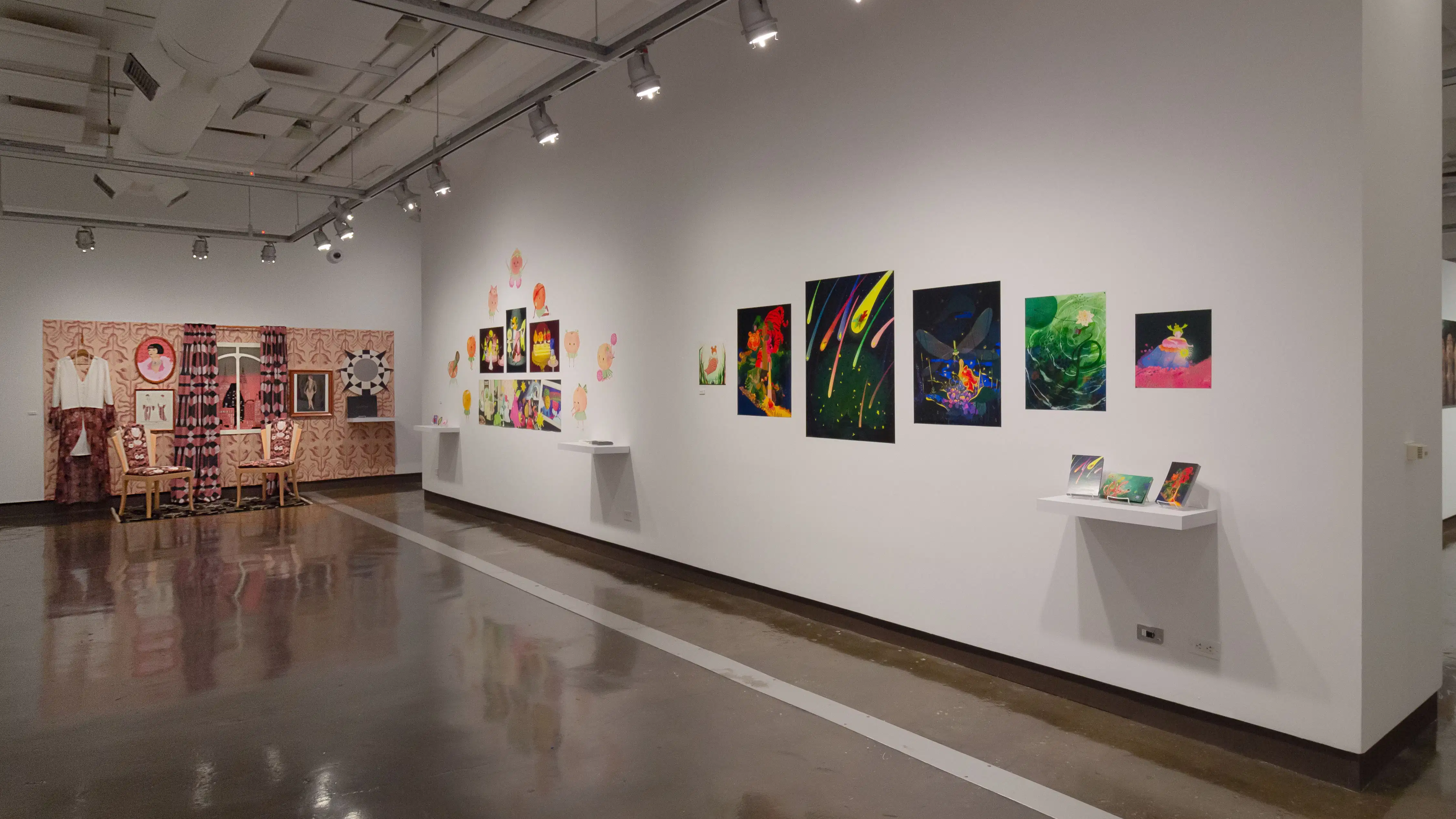 Multiple views of SVA Chelsea Gallery. There are illustrations, monitors, and paintings hung on the walls. Shelves have posters, books, CDs and artist take-aways.