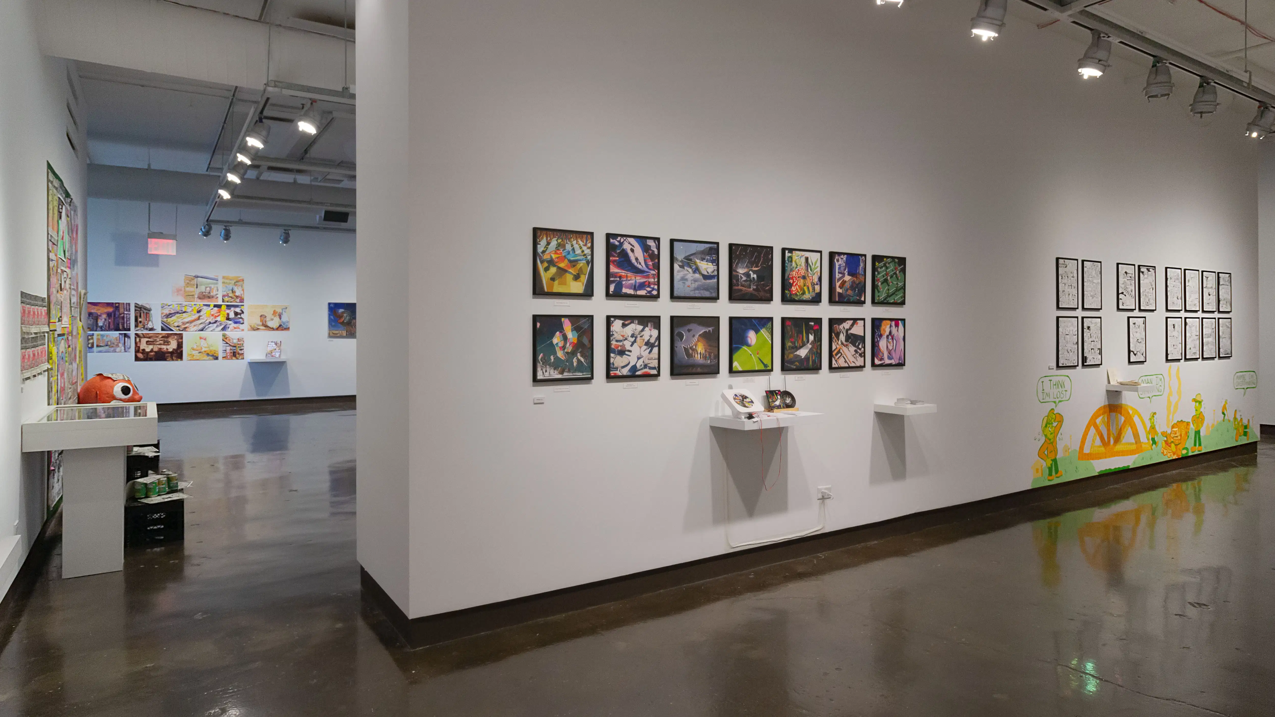 Multiple views of SVA Chelsea Gallery. There are illustrations, monitors, and paintings hung on the walls. Shelves have posters, books, CDs and artist take-aways.