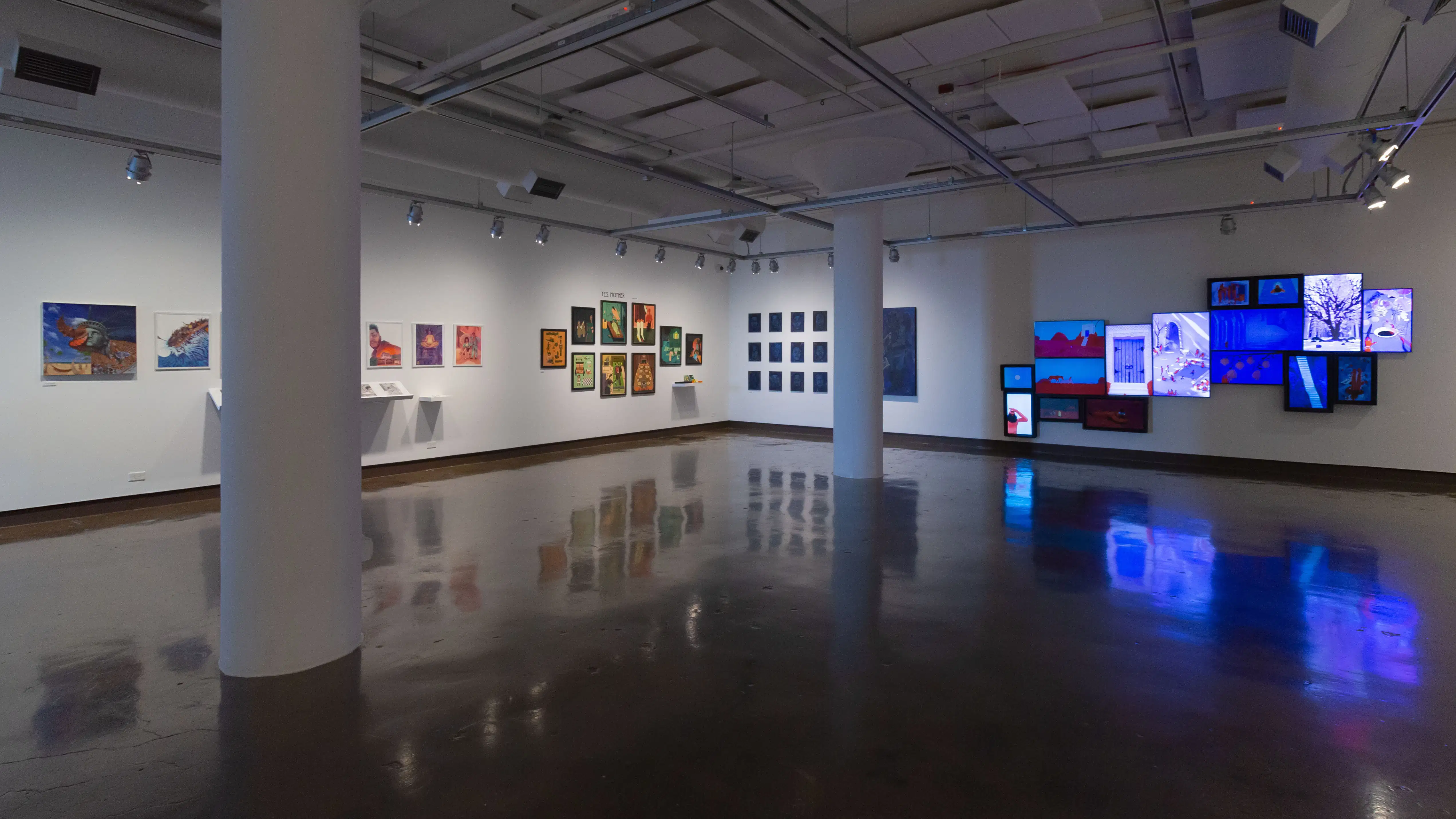 Multiple views of SVA Chelsea Gallery. There are illustrations, monitors, and paintings hung on the walls. Shelves have posters, books, CDs and artist take-aways.